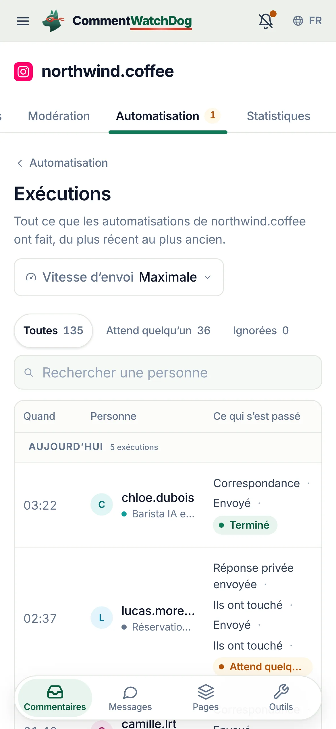 La page Exécutions sur un téléphone.