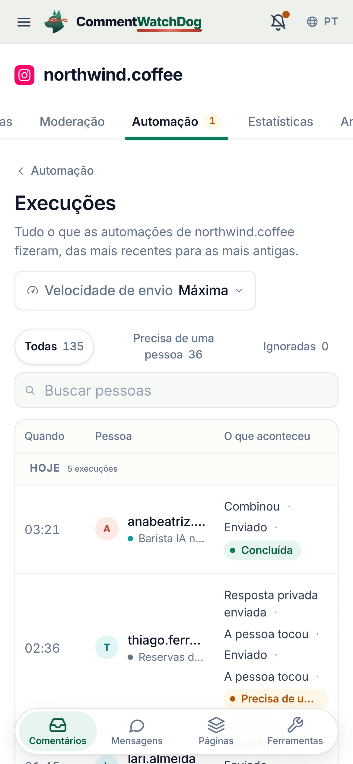 A página Execuções no celular.