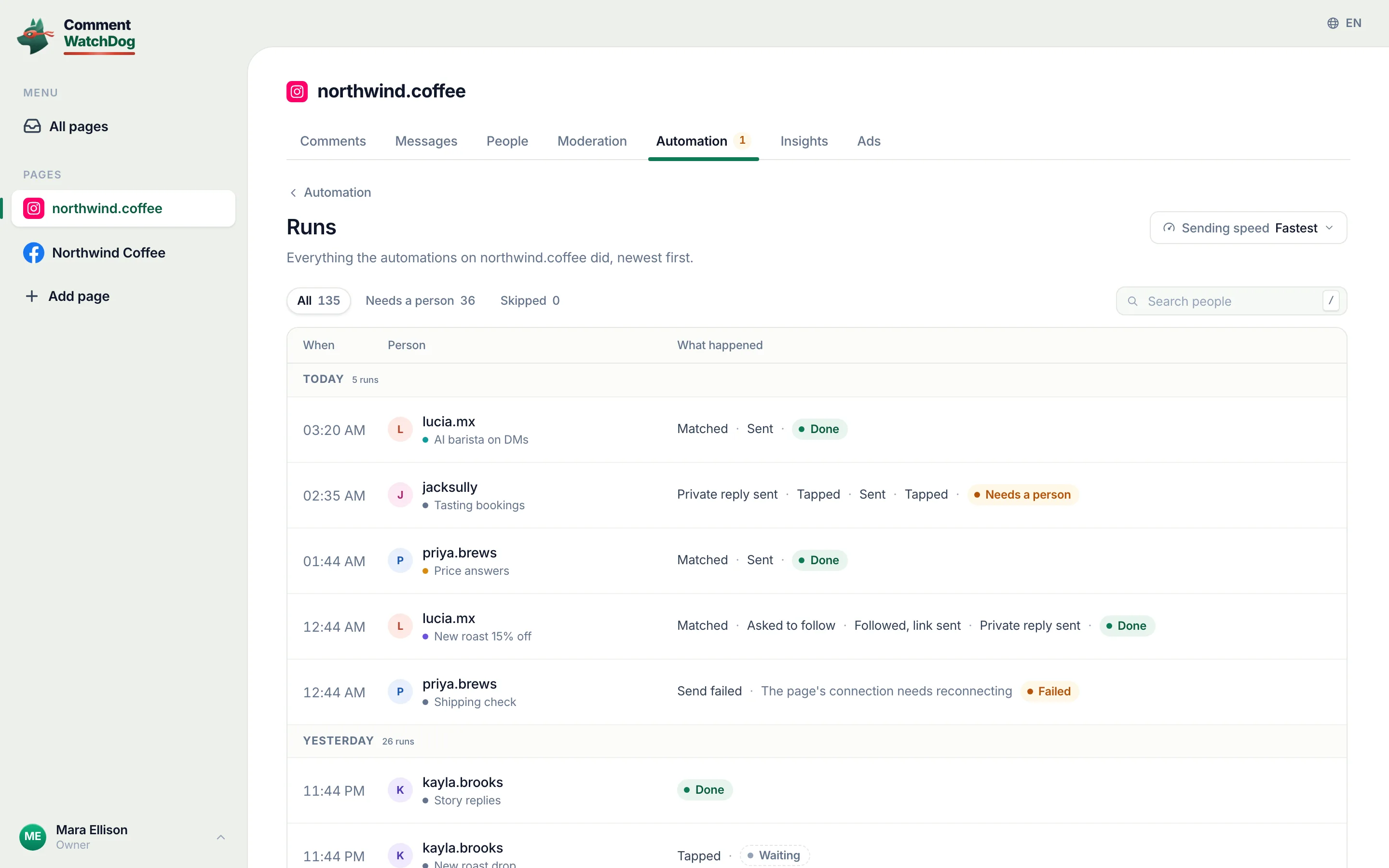The Runs page: every automation, newest first.