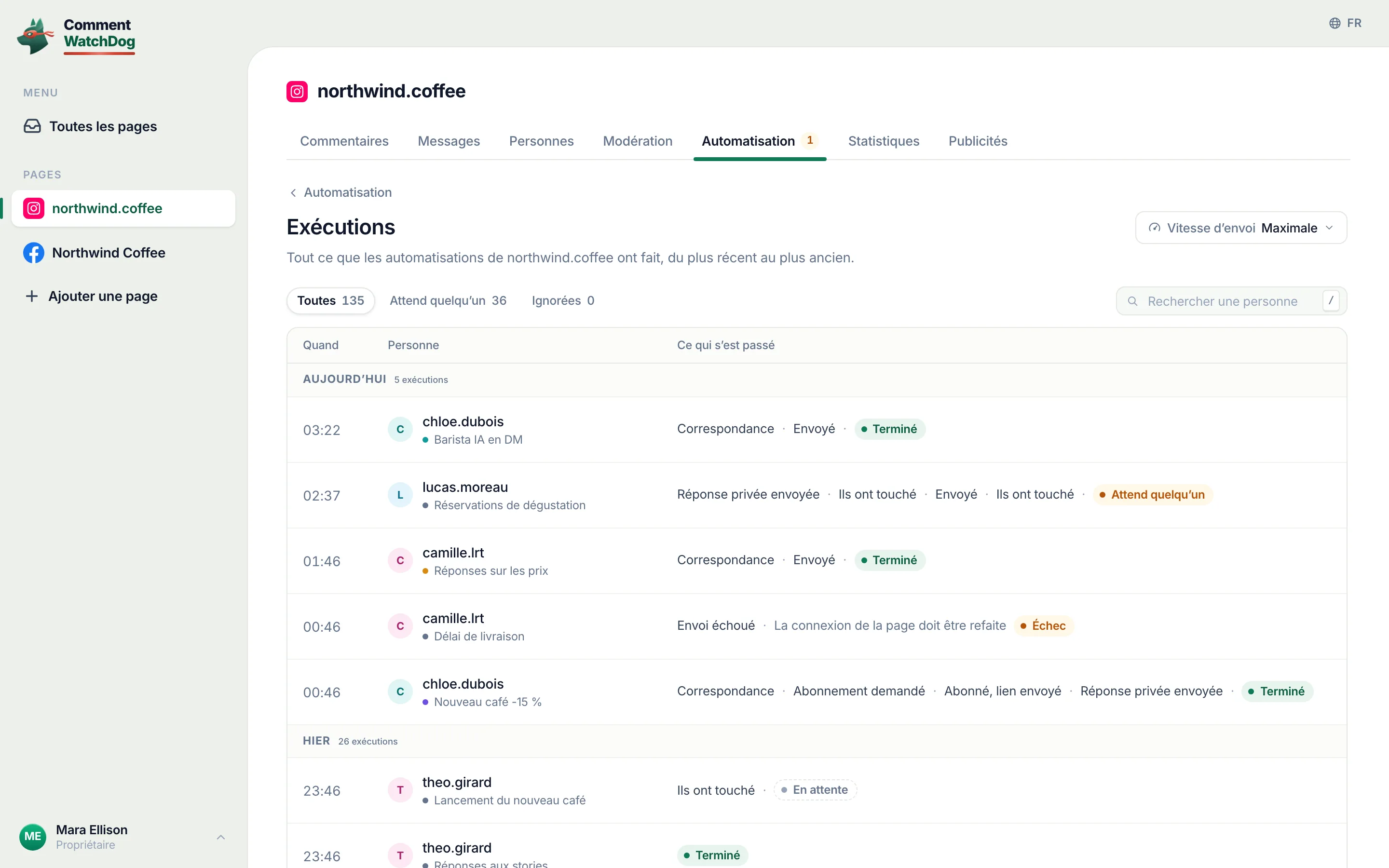 La page Exécutions&nbsp;: toutes les automatisations, les plus récentes d’abord.