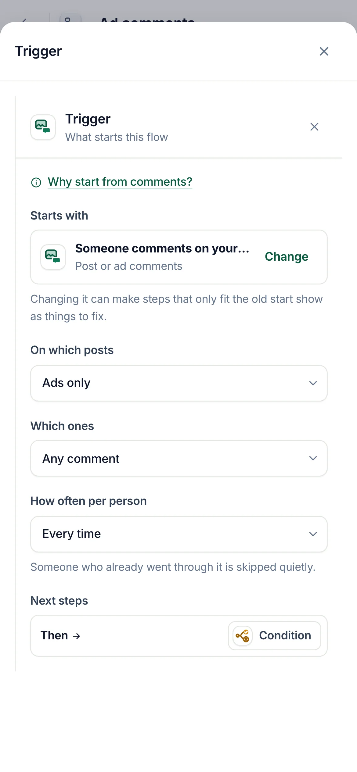 The flow builder with the comment start set to Ads only.