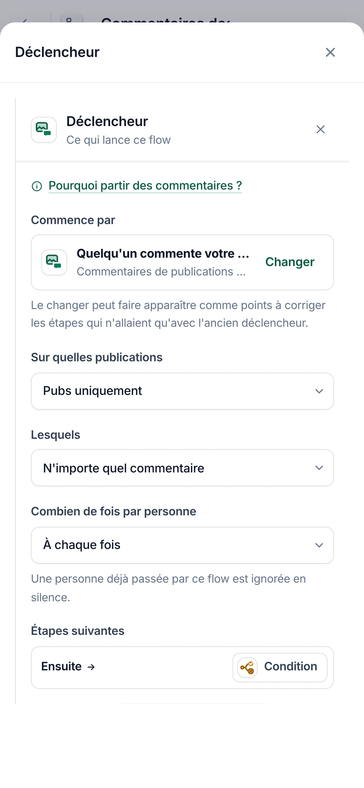 Le créateur de flows avec le déclencheur Commentaire réglé sur «&nbsp;Pubs uniquement&nbsp;».