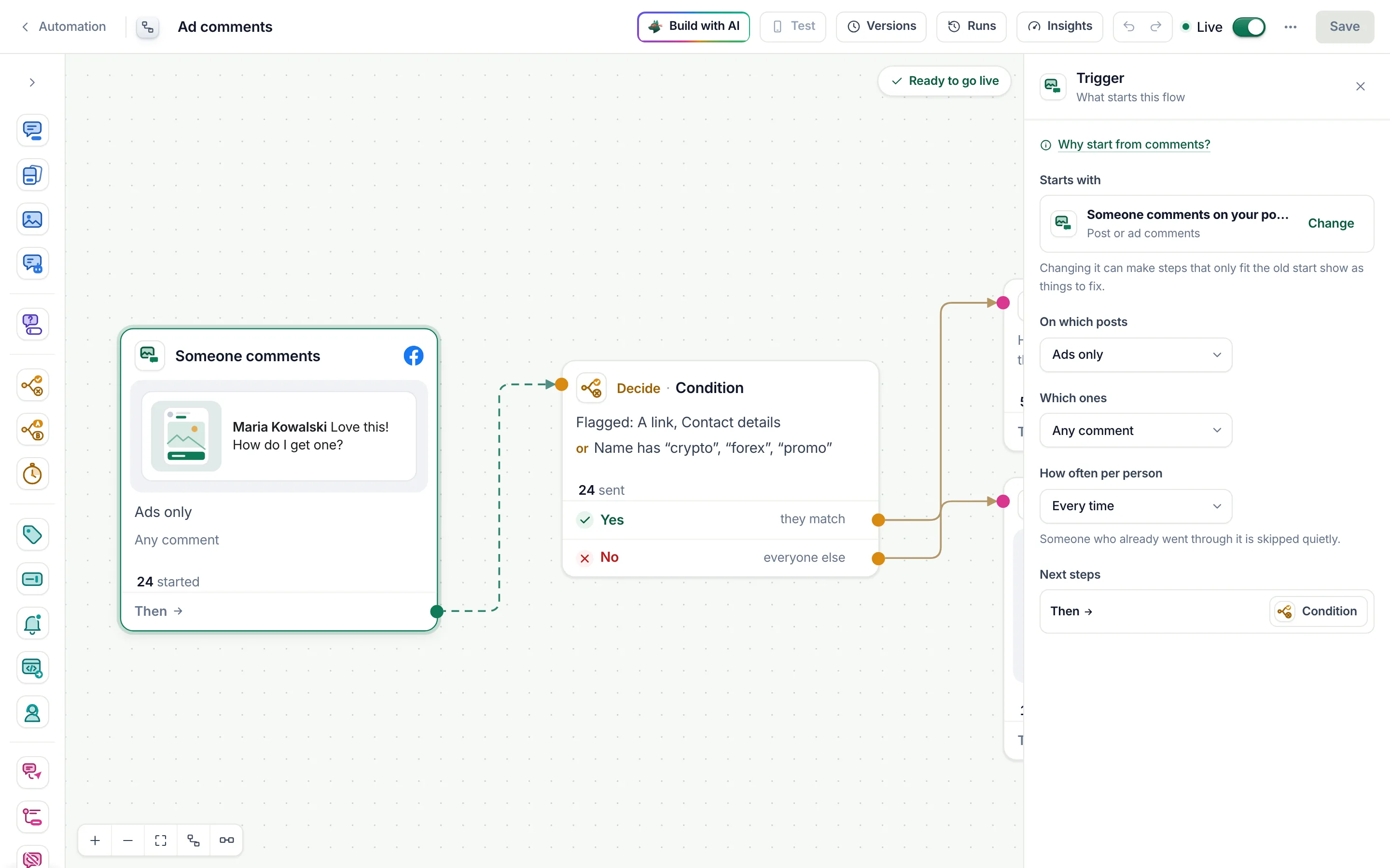 The flow builder with the comment start set to Ads only.