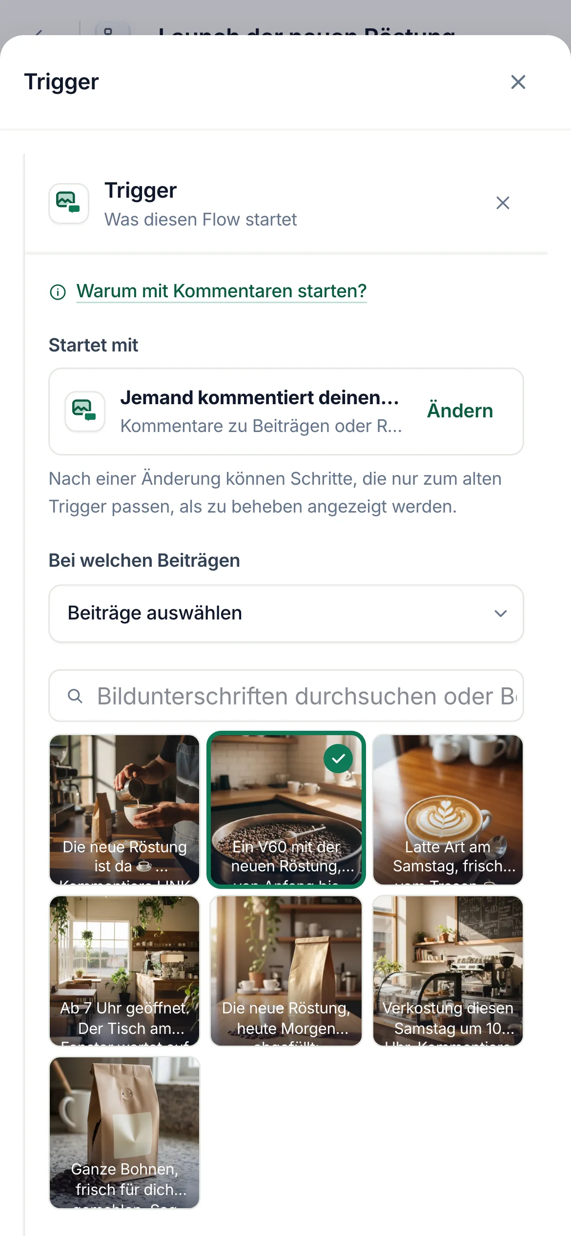 Der Flow-Builder mit ausgewähltem Kommentar-Trigger und geöffneten Einstellungen: ausgewählte Beiträge und das Keyword LINK.