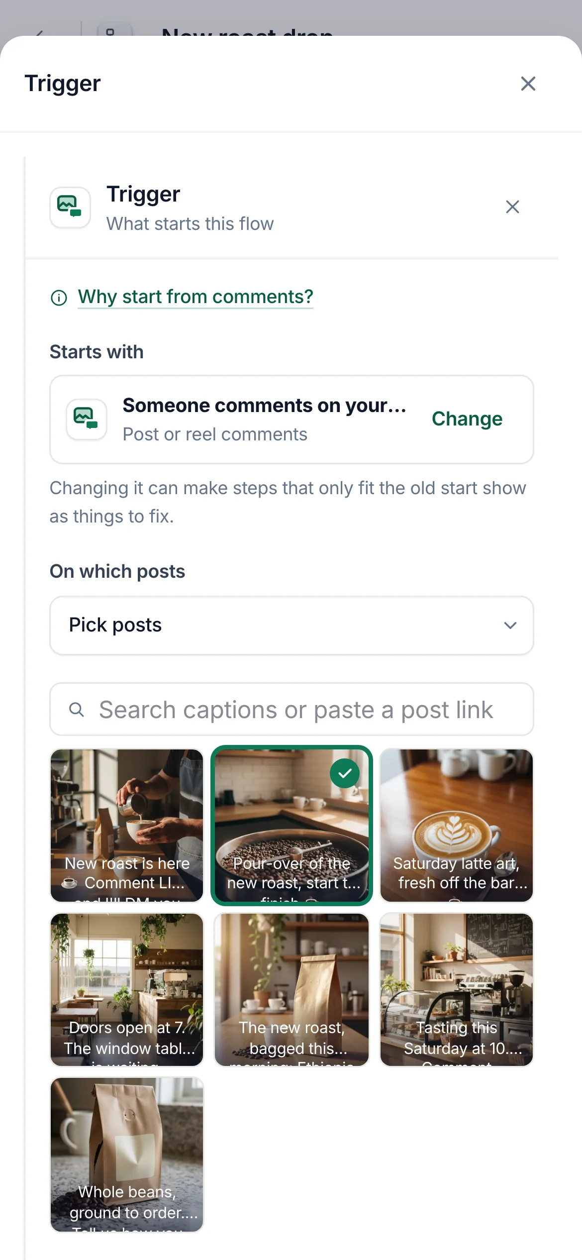 The flow builder with the comment start selected and its settings open: picked posts and the keyword LINK.