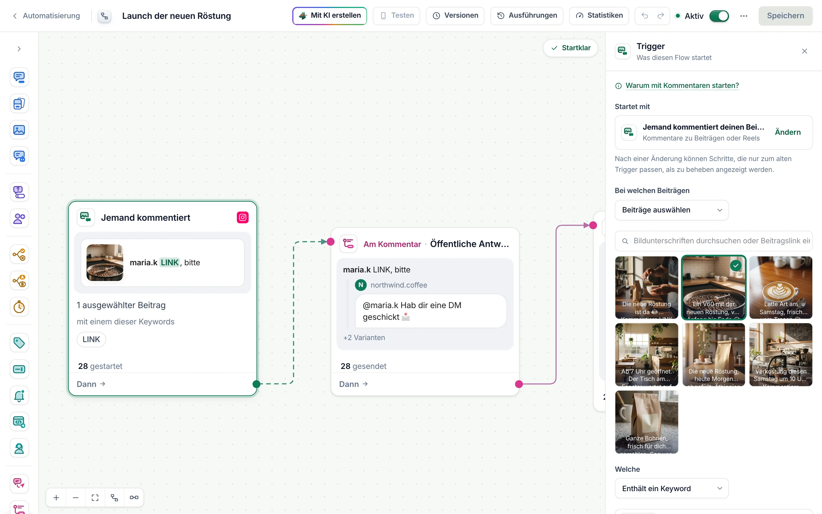 Der Flow-Builder mit ausgewähltem Kommentar-Trigger und geöffneten Einstellungen: ausgewählte Beiträge und das Keyword LINK.