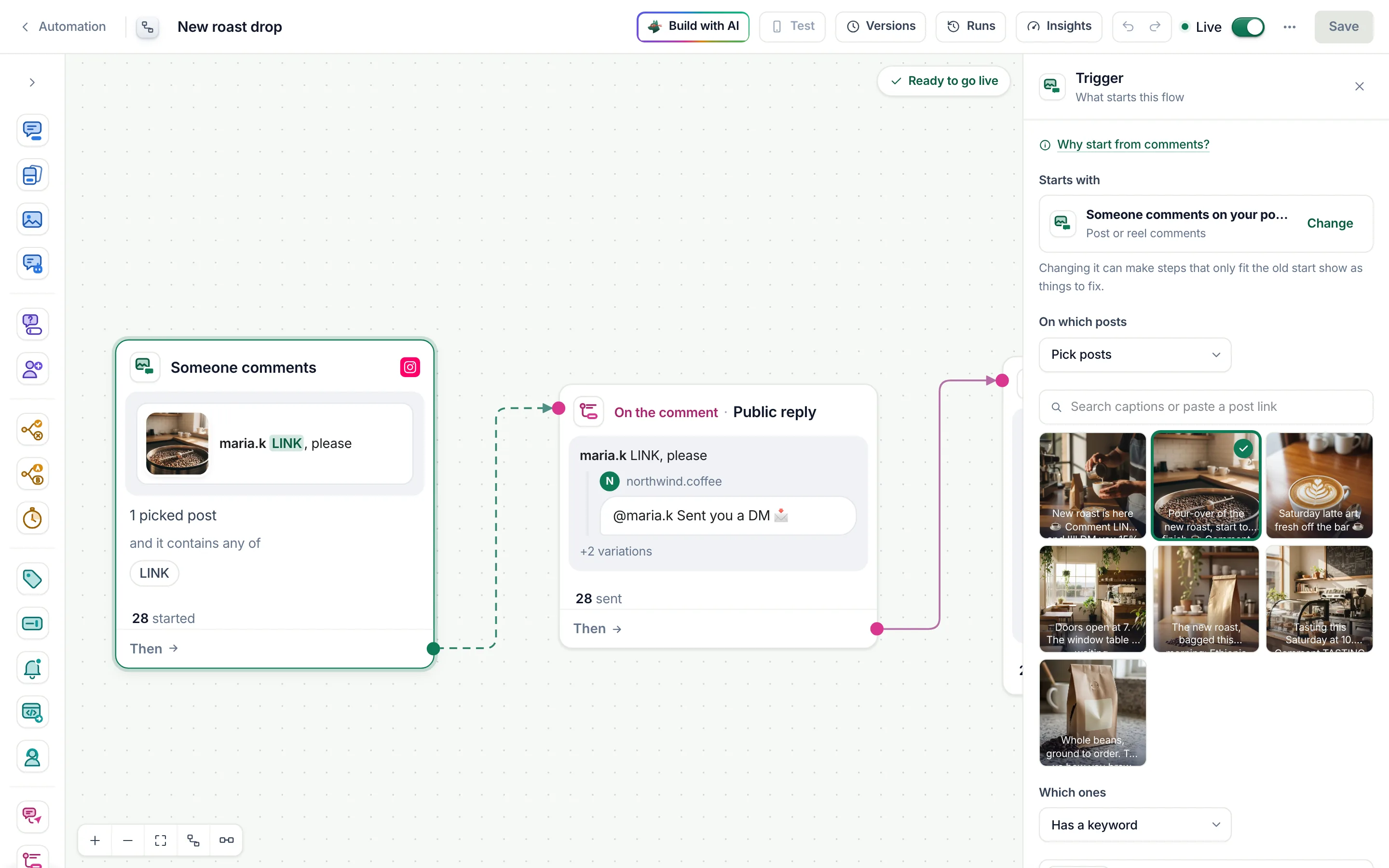 The flow builder with the comment start selected and its settings open: picked posts and the keyword LINK.