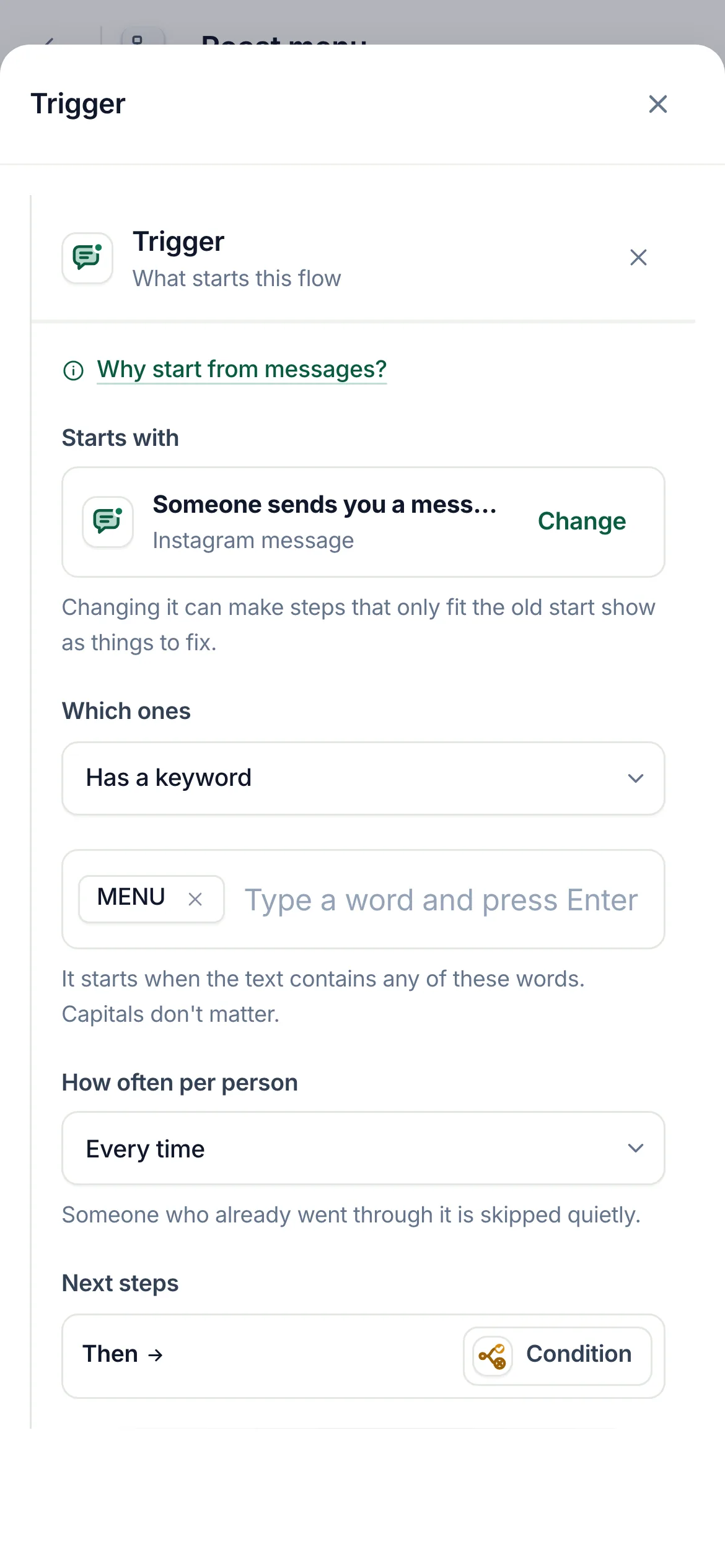 The flow builder with the message start of the Roast menu flow selected: Has a keyword, with the keyword MENU.