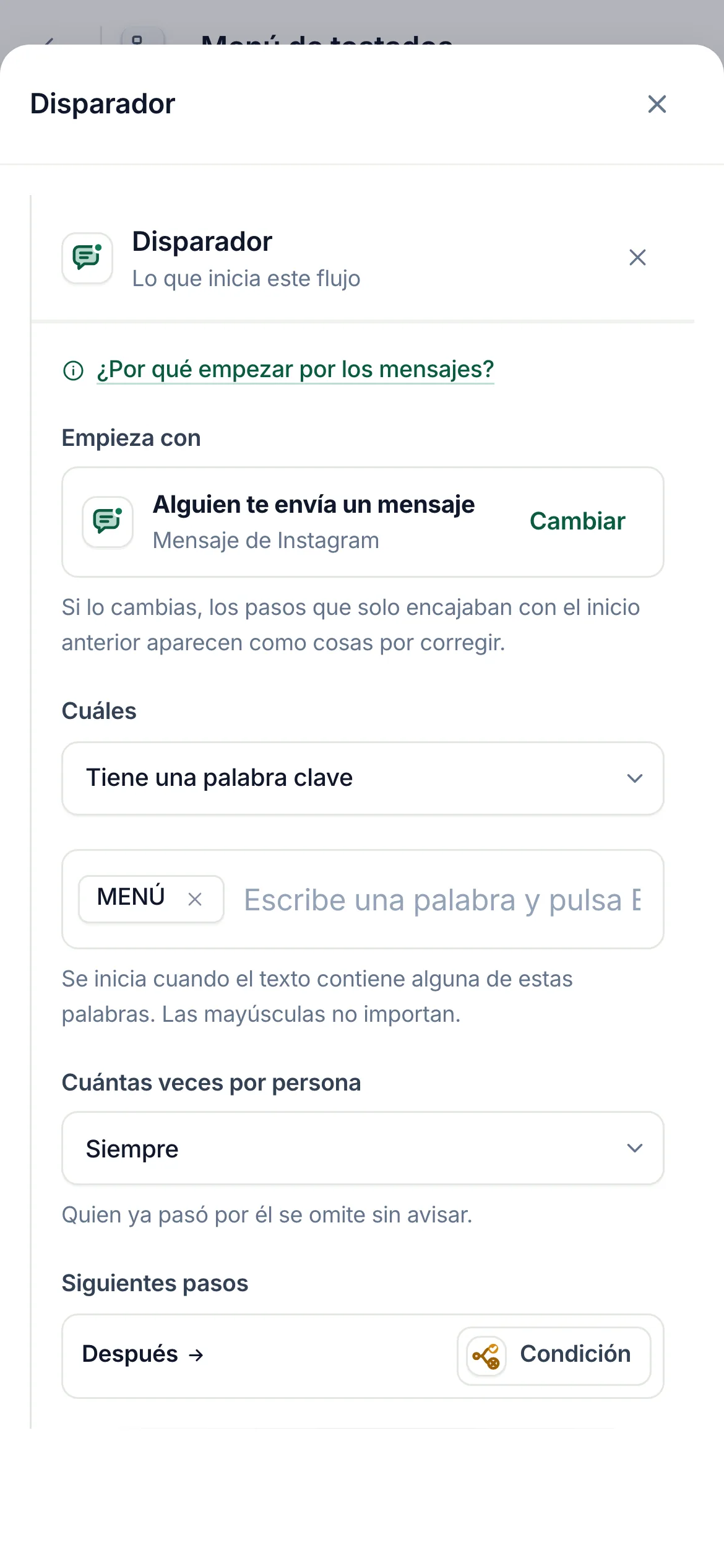 El constructor de flujos con el inicio por mensaje del flujo Menú de tostados seleccionado: Tiene una palabra clave, con la palabra clave MENÚ.