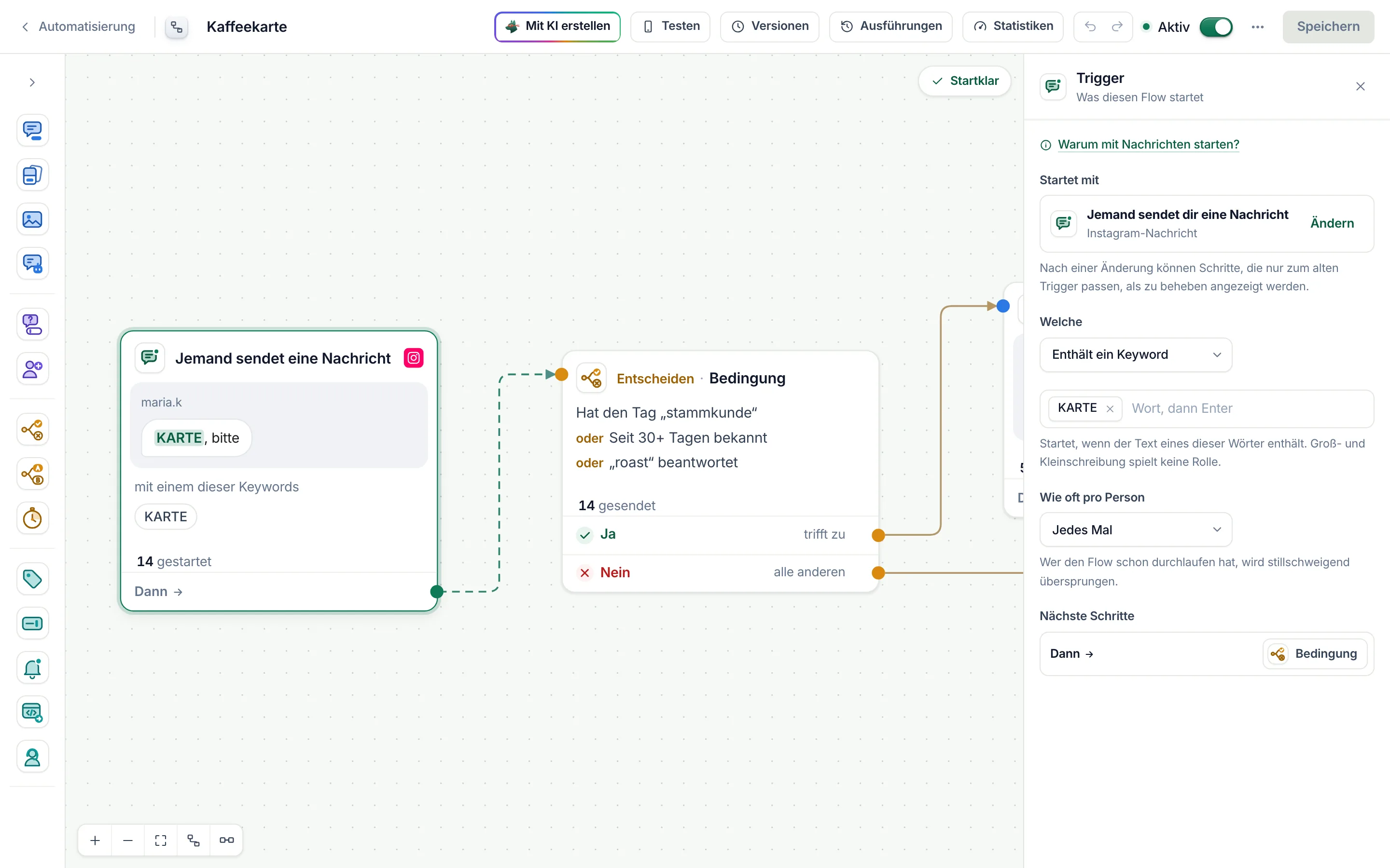 Der Flow-Builder mit ausgewähltem Nachrichten-Trigger des Flows Kaffeekarte: „Enthält ein Keyword“ mit dem Keyword KARTE.