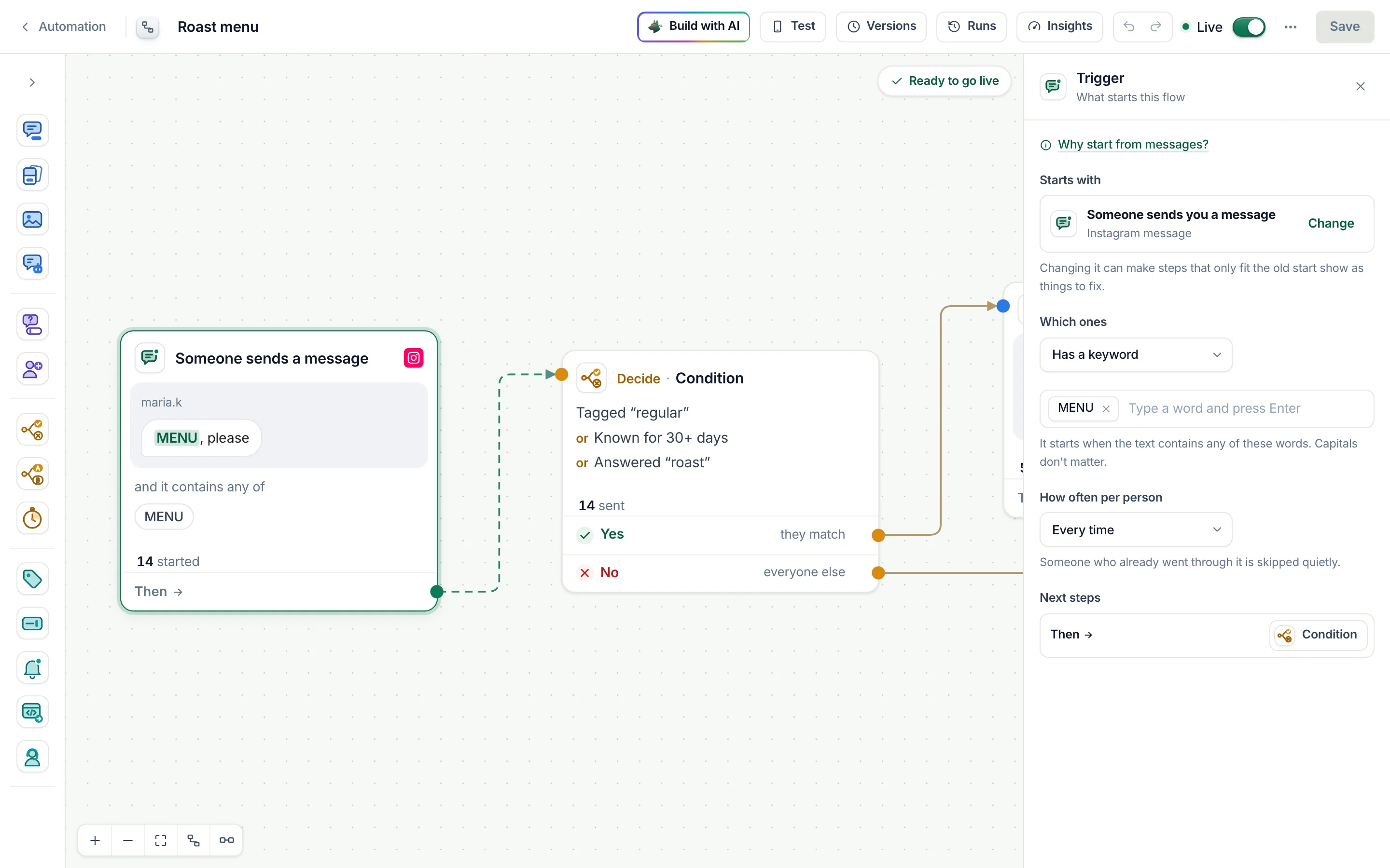The flow builder with the message start of the Roast menu flow selected: Has a keyword, with the keyword MENU.