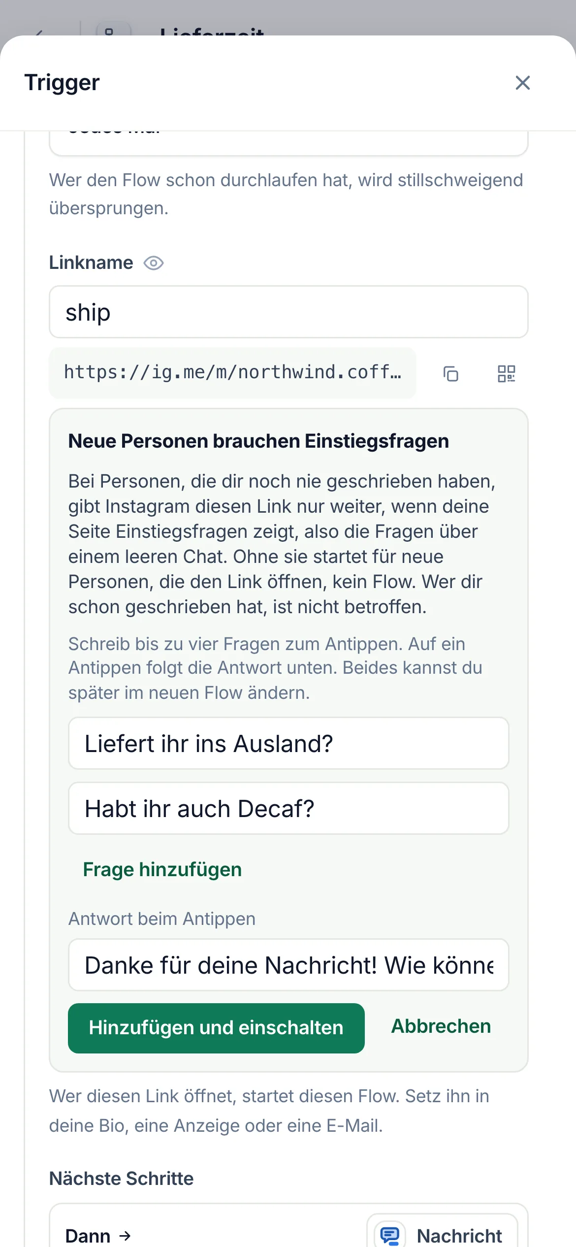 „Hinzufügen und einschalten“ auf dem Handy.