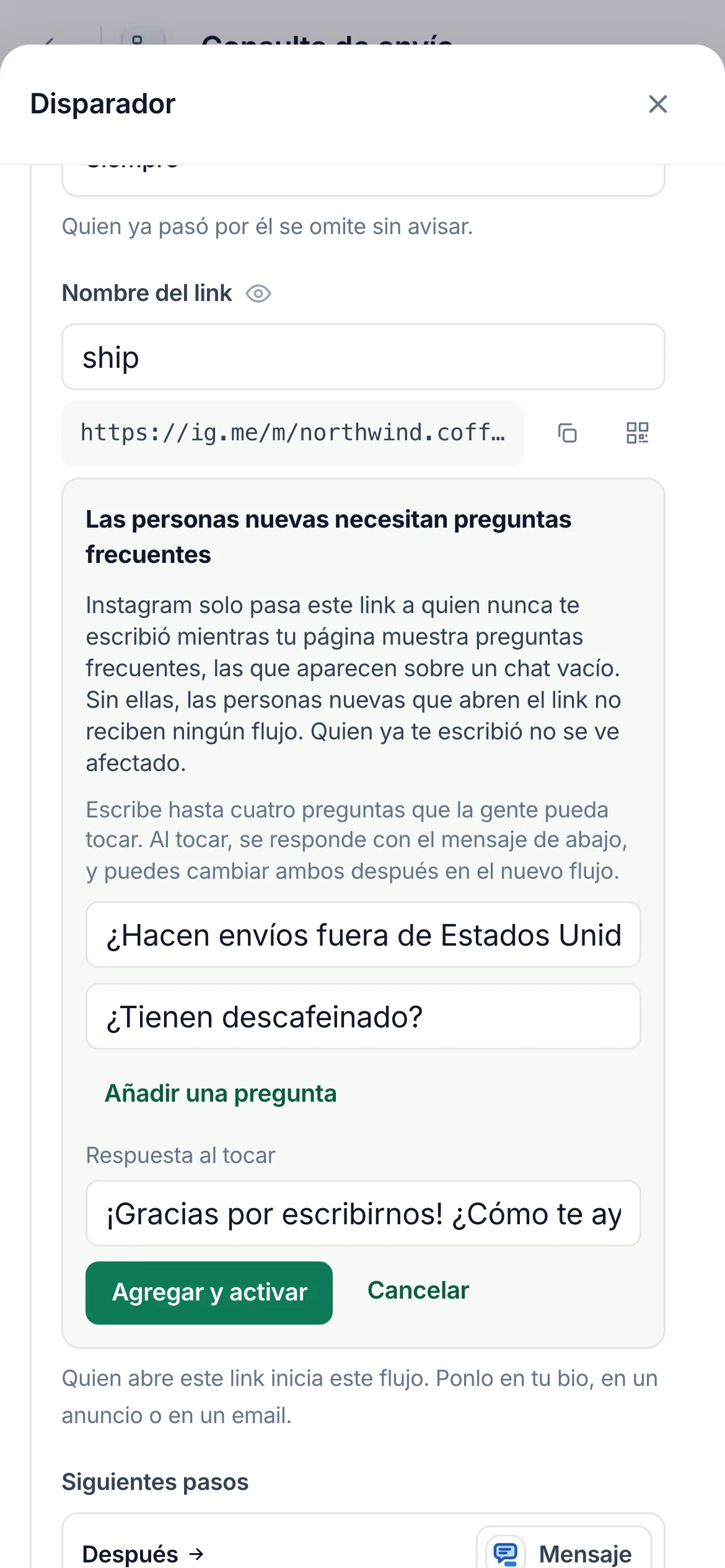 Agregar y activar, en un teléfono.