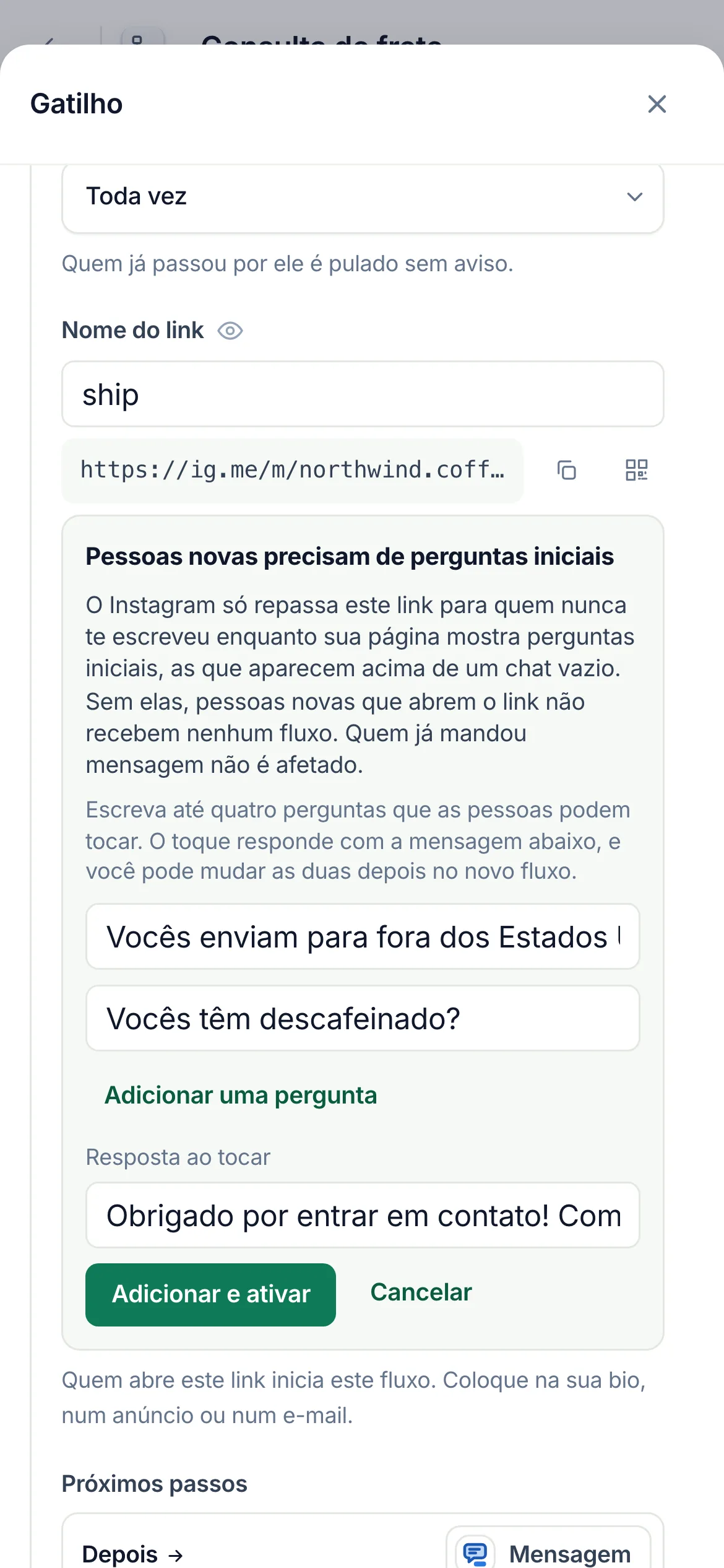 Adicionar e ativar, no celular.