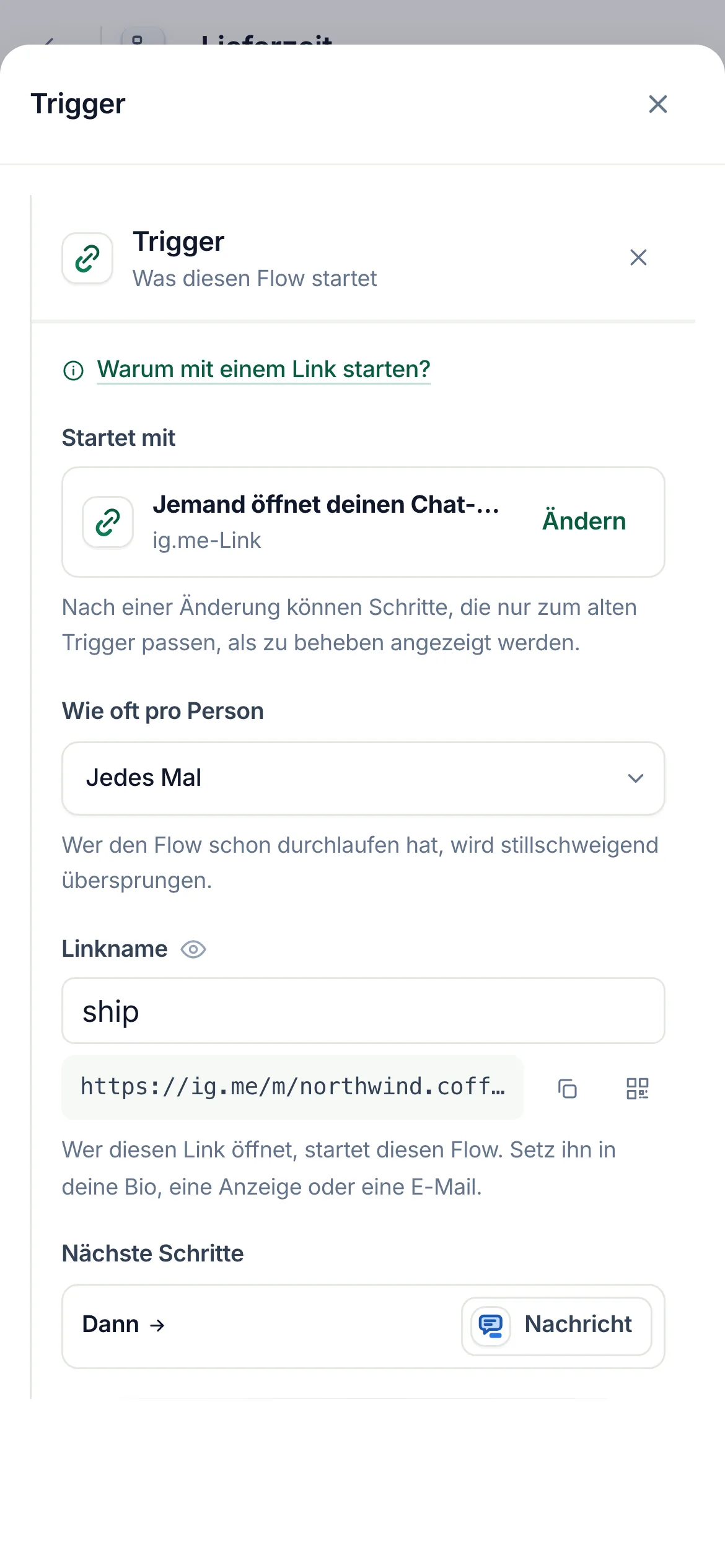 Der Flow-Builder mit ausgewähltem Link-Trigger des Flows Versand-Check: der Linkname ship und der Link mit seinen Buttons für Kopieren und QR-Code.