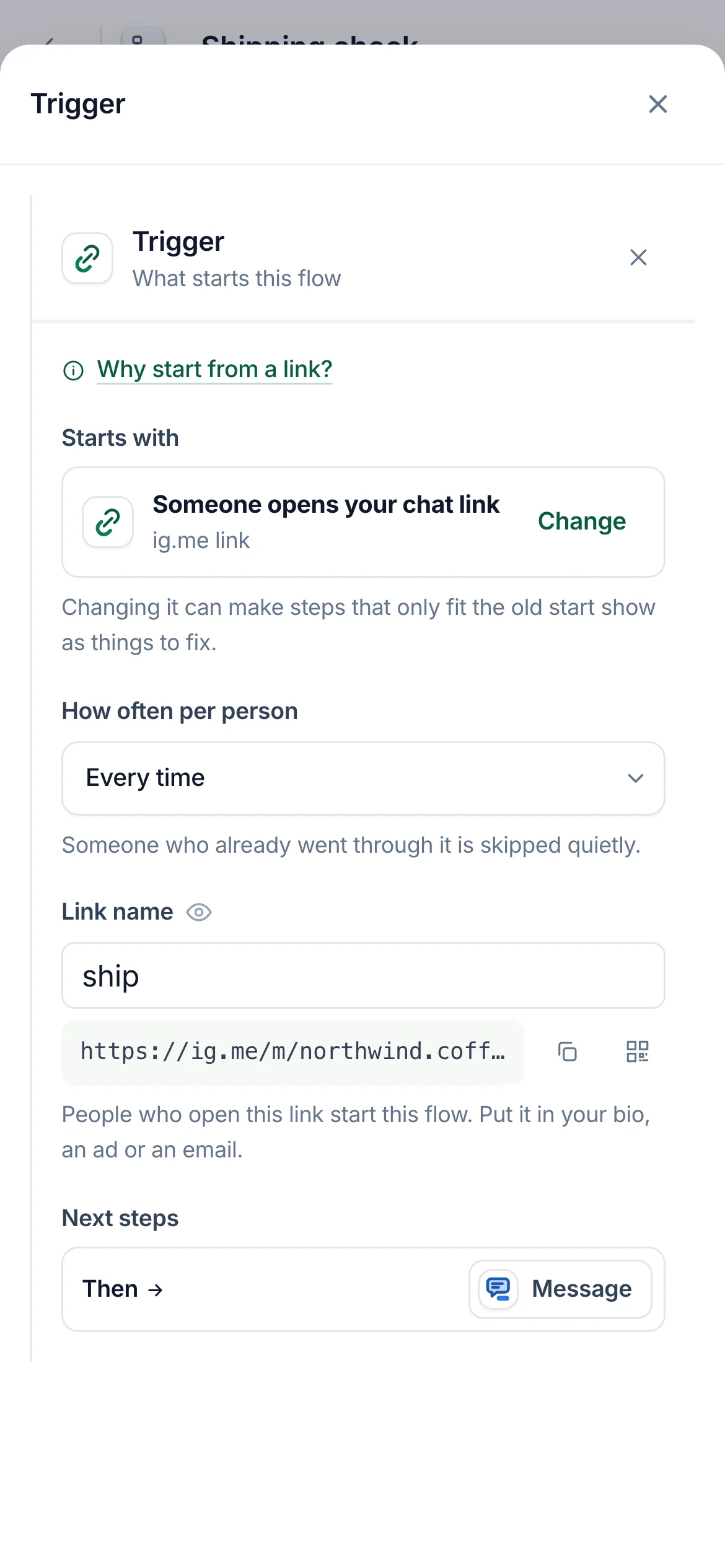 The flow builder with the link start of the Shipping check flow selected: the link name ship, and the link with its copy and QR buttons.