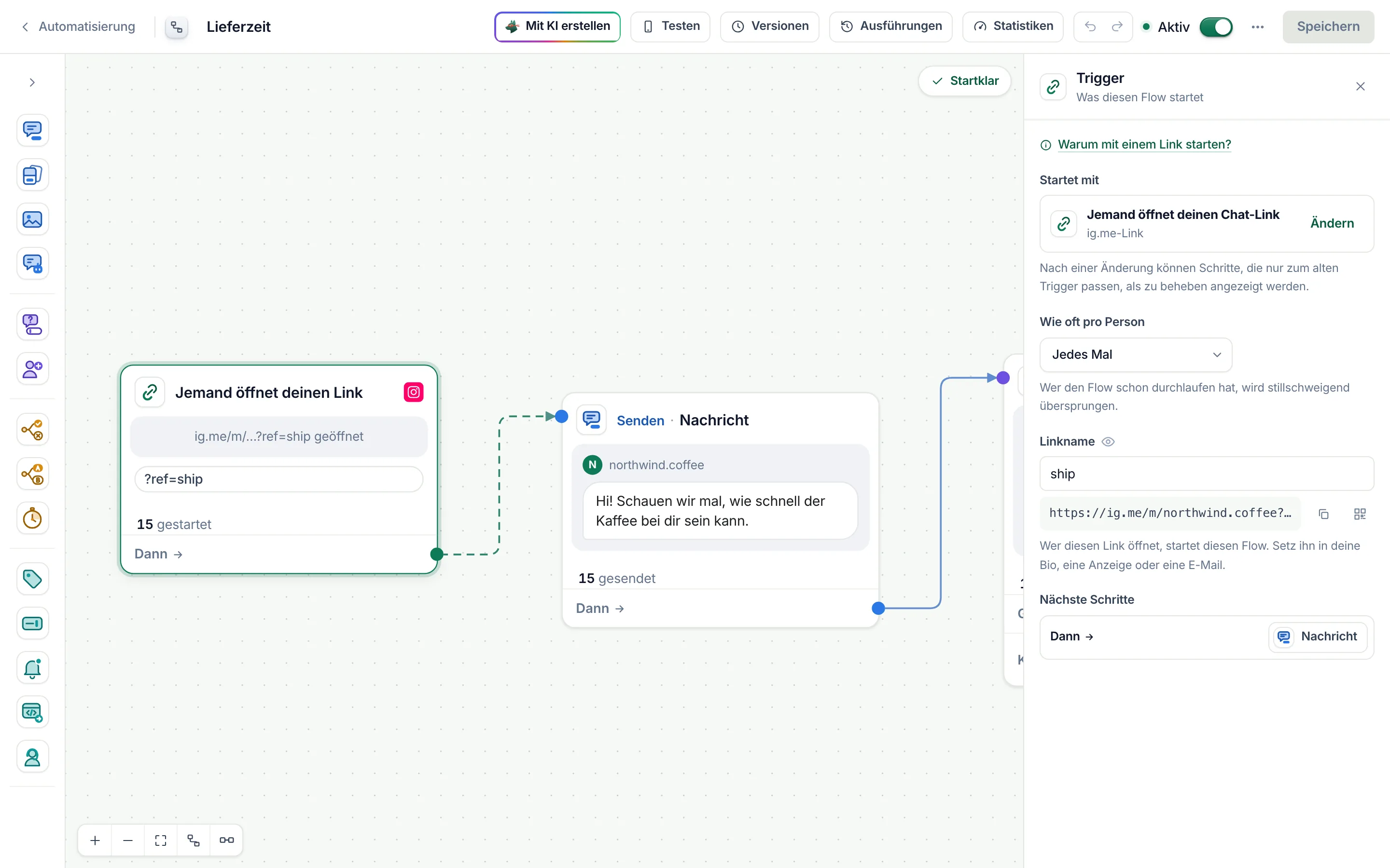 Der Flow-Builder mit ausgewähltem Link-Trigger des Flows Versand-Check: der Linkname ship und der Link mit seinen Buttons für Kopieren und QR-Code.