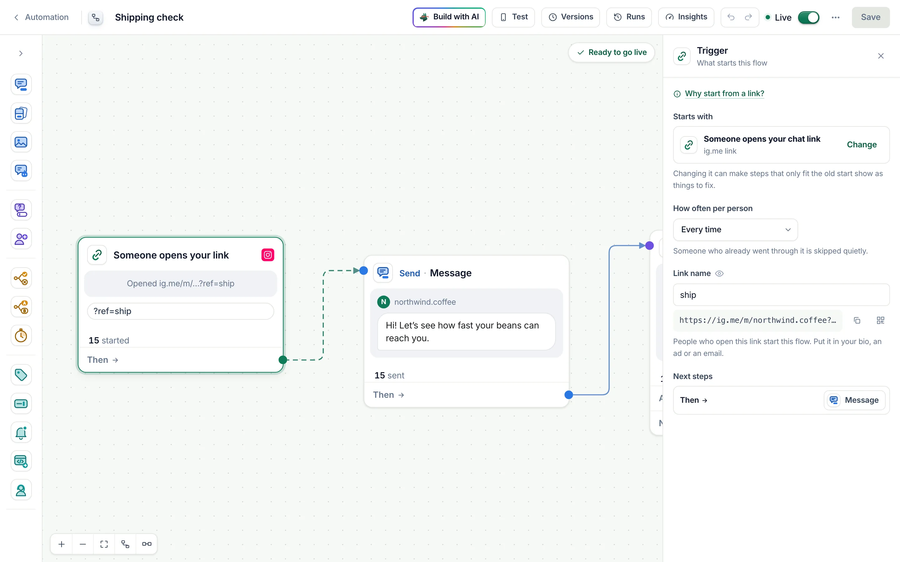 The flow builder with the link start of the Shipping check flow selected: the link name ship, and the link with its copy and QR buttons.