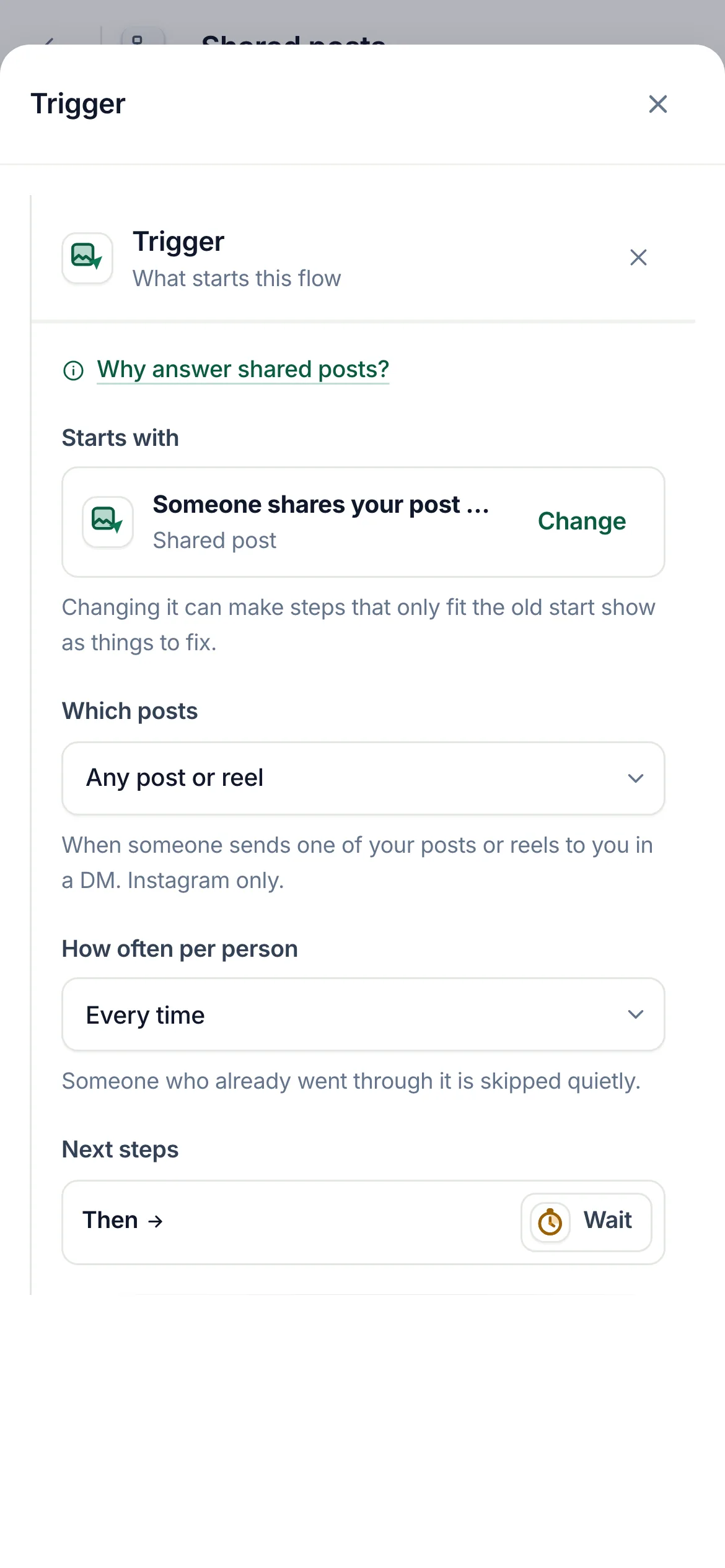 The flow builder with the shared post start selected: Which posts set to Any post or reel.
