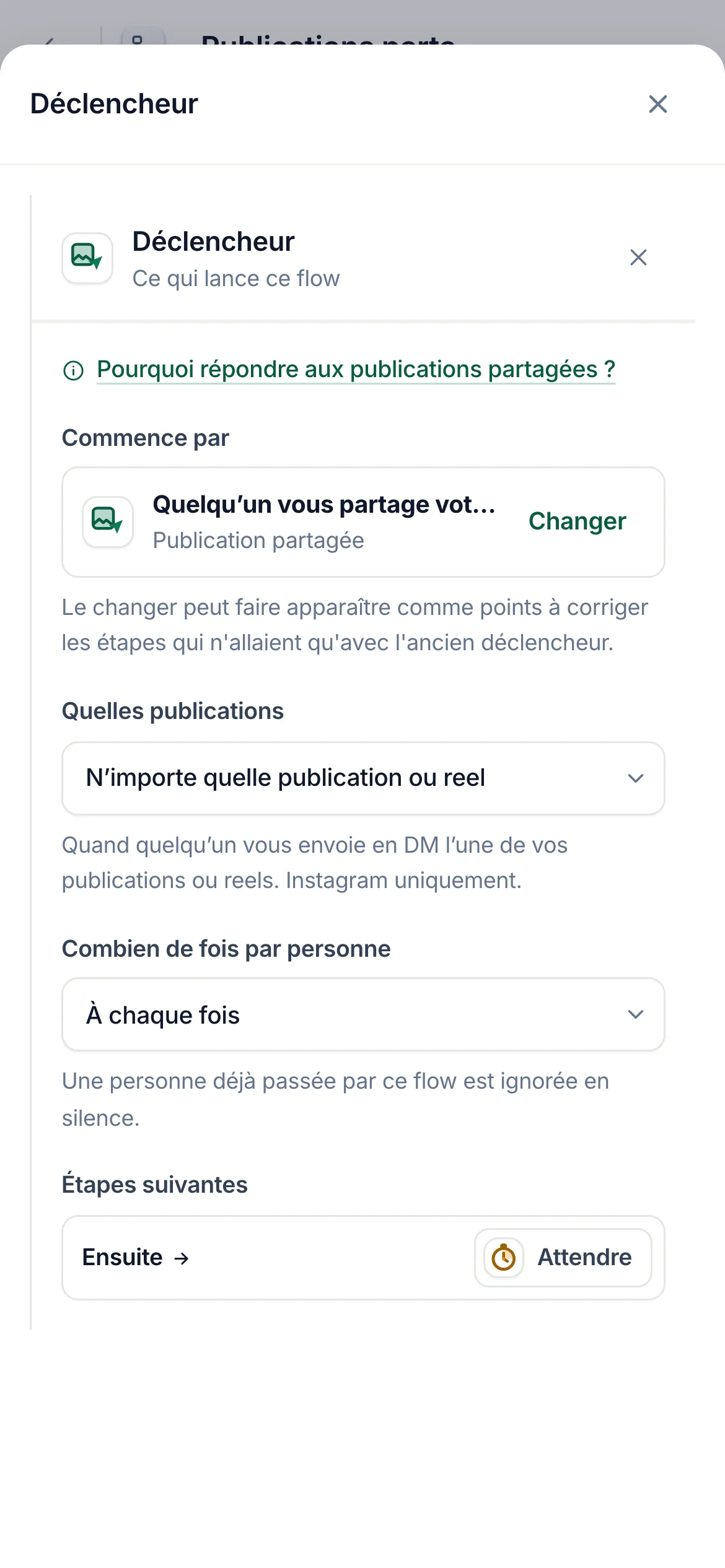 Le créateur de flows avec le déclencheur Publication partagée sélectionné&nbsp;: «&nbsp;Quelles publications&nbsp;» réglé sur «&nbsp;N’importe quelle publication ou reel&nbsp;».