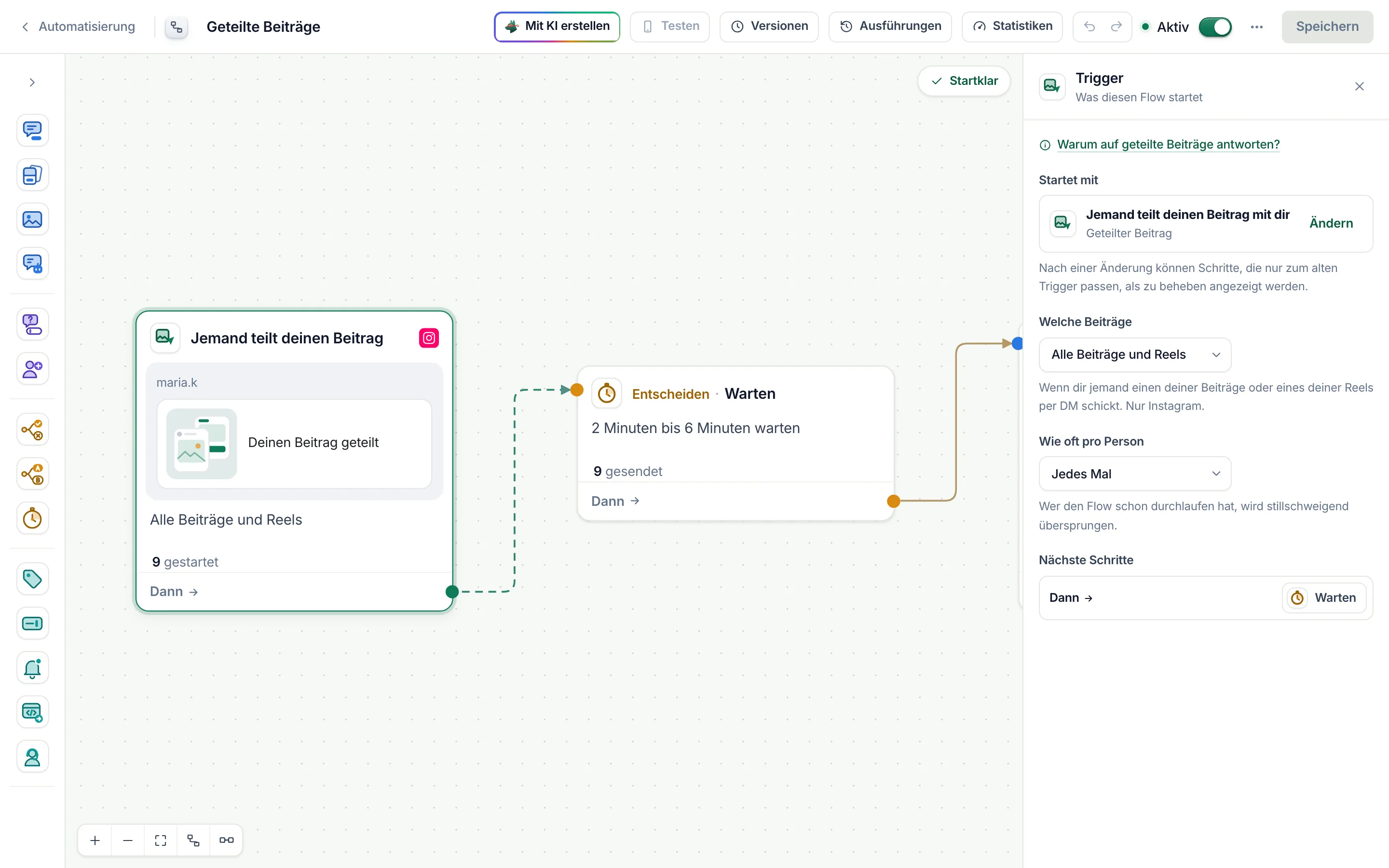 Der Flow-Builder mit ausgewähltem Trigger Geteilter Beitrag: „Welche Beiträge“ steht auf „Alle Beiträge und Reels“.
