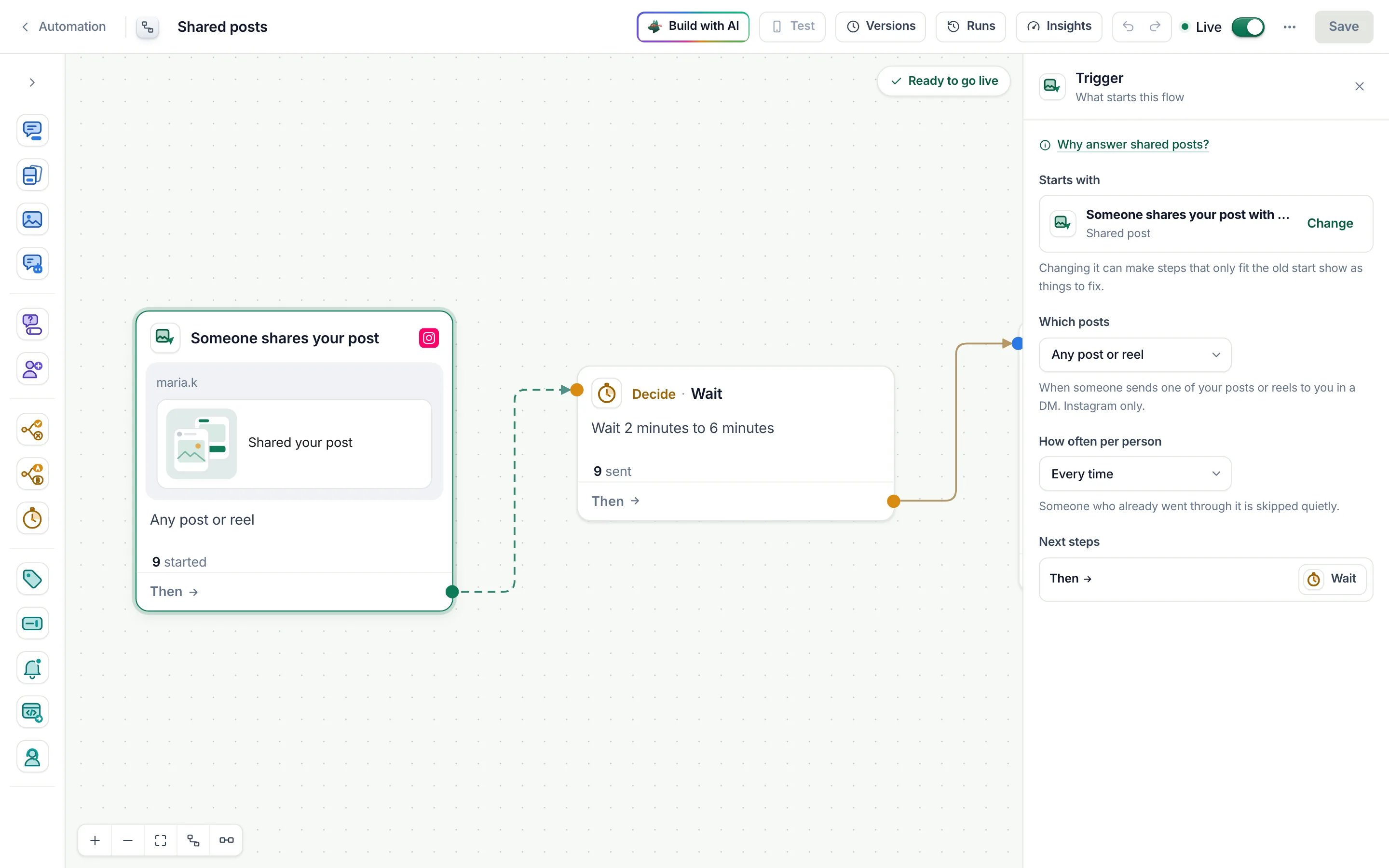 The flow builder with the shared post start selected: Which posts set to Any post or reel.