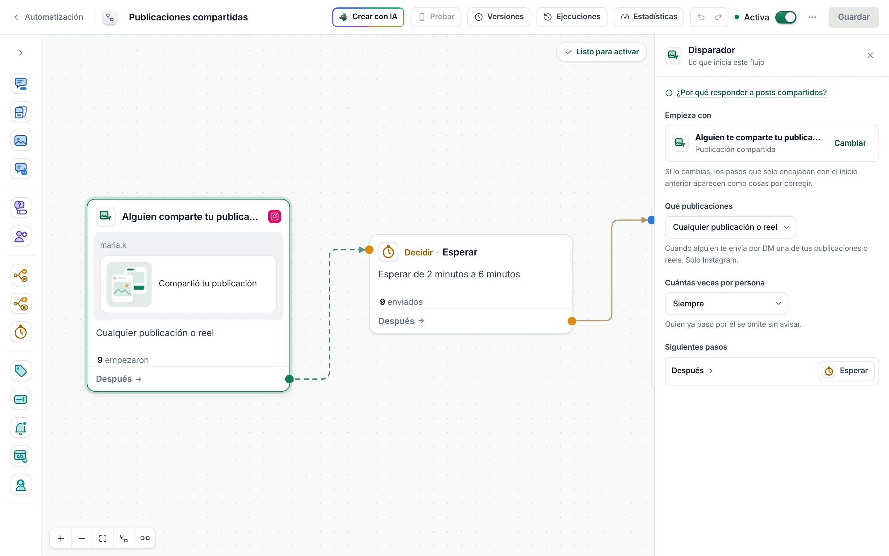 El constructor de flujos con el inicio por publicación compartida seleccionado: Qué publicaciones en Cualquier publicación o reel.