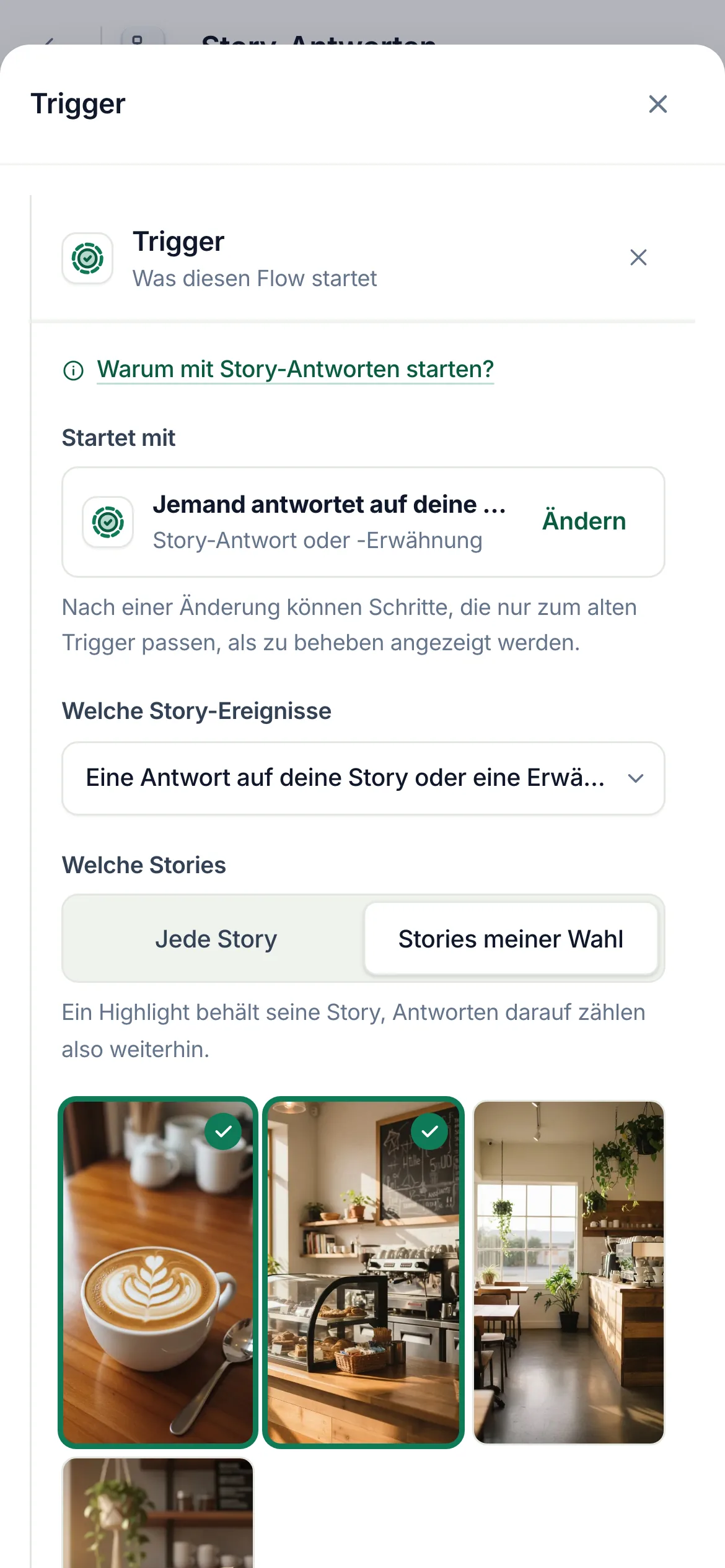 Der Flow-Builder mit ausgewähltem Story-Trigger: Antworten und Erwähnungen, zwei ausgewählte Stories.