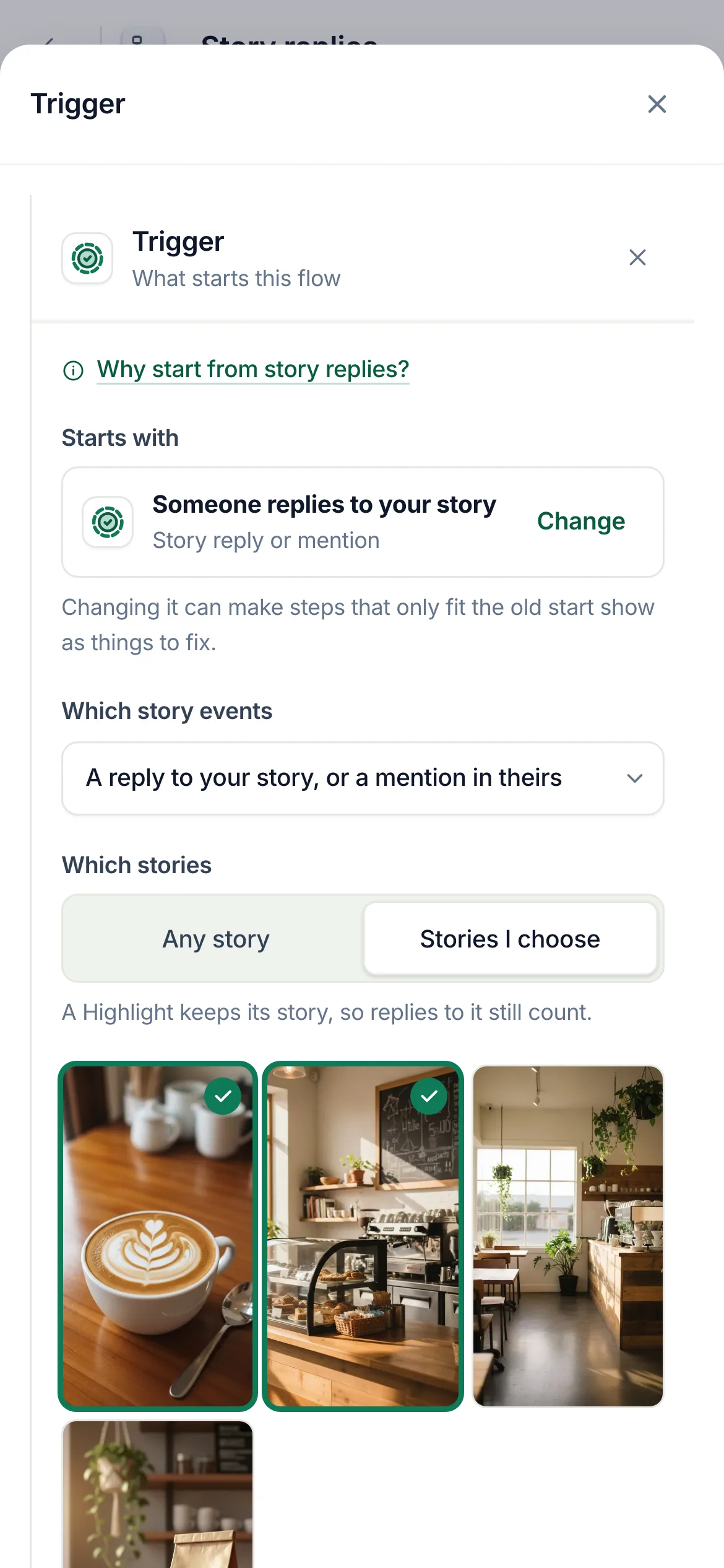 The flow builder with the story start selected: replies and mentions, two chosen stories.