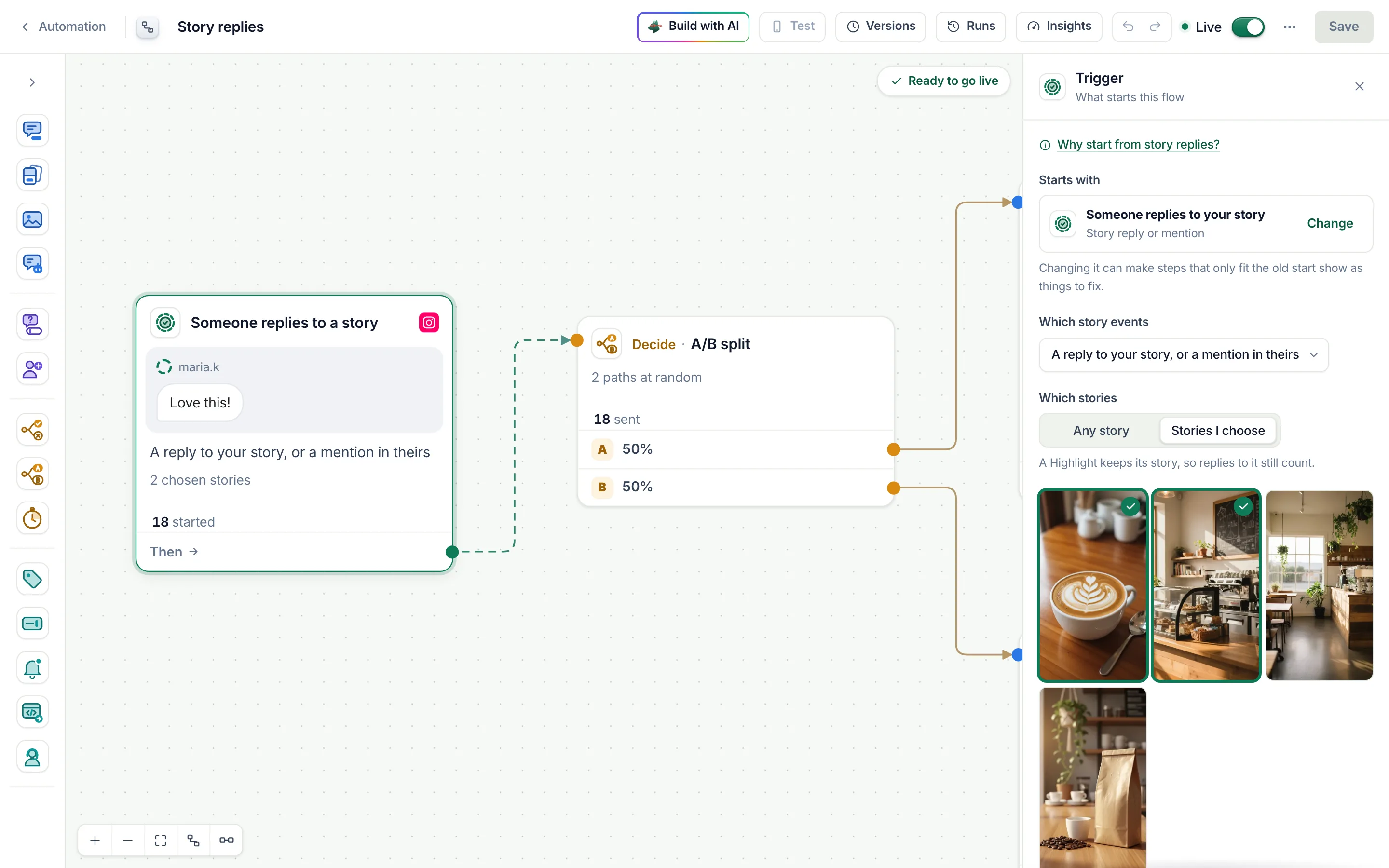 The flow builder with the story start selected: replies and mentions, two chosen stories.