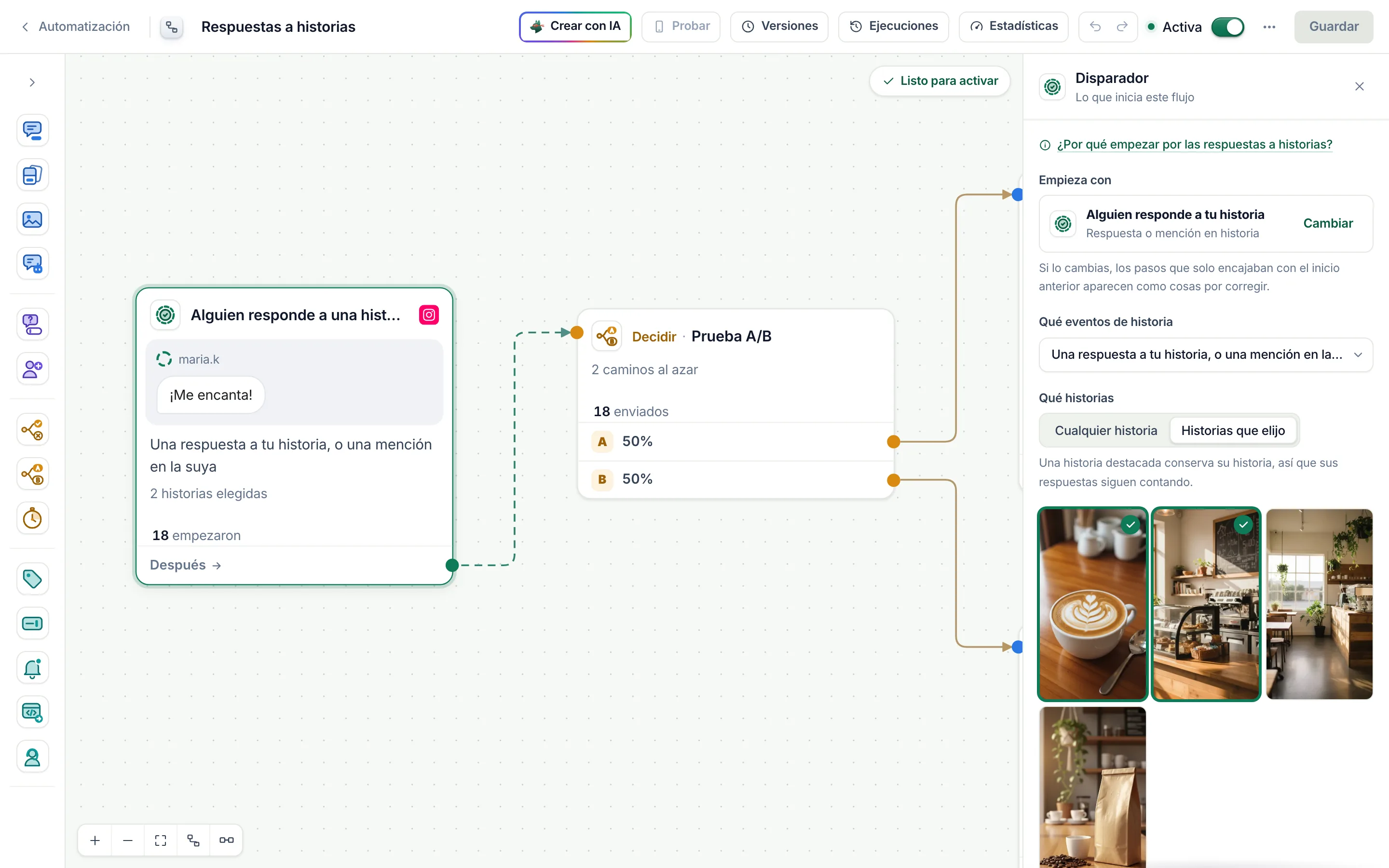 El constructor de flujos con el inicio por historia seleccionado: respuestas y menciones, dos historias elegidas.