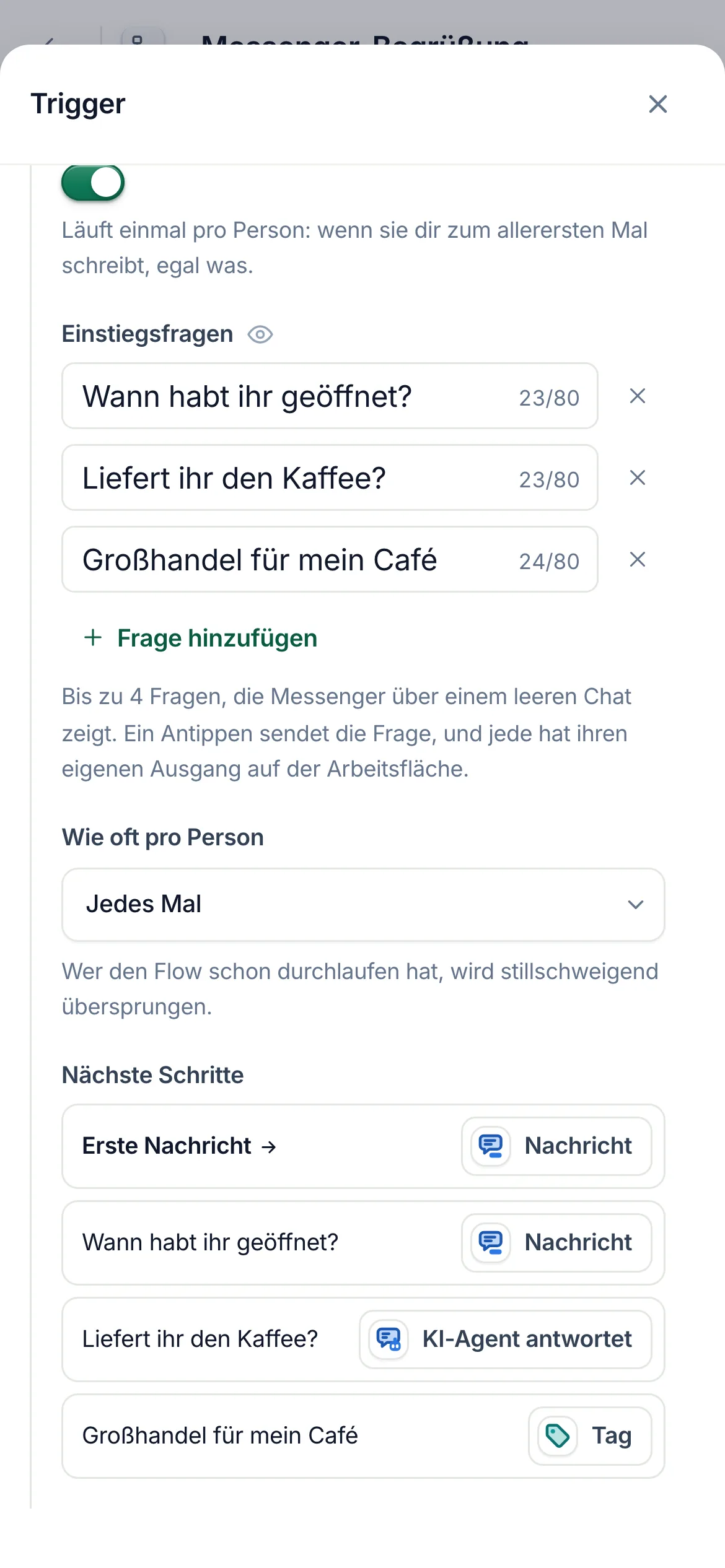 „Nächste Schritte“ auf dem Handy: jeder Ausgang des Triggers und der Schritt, zu dem er führt.