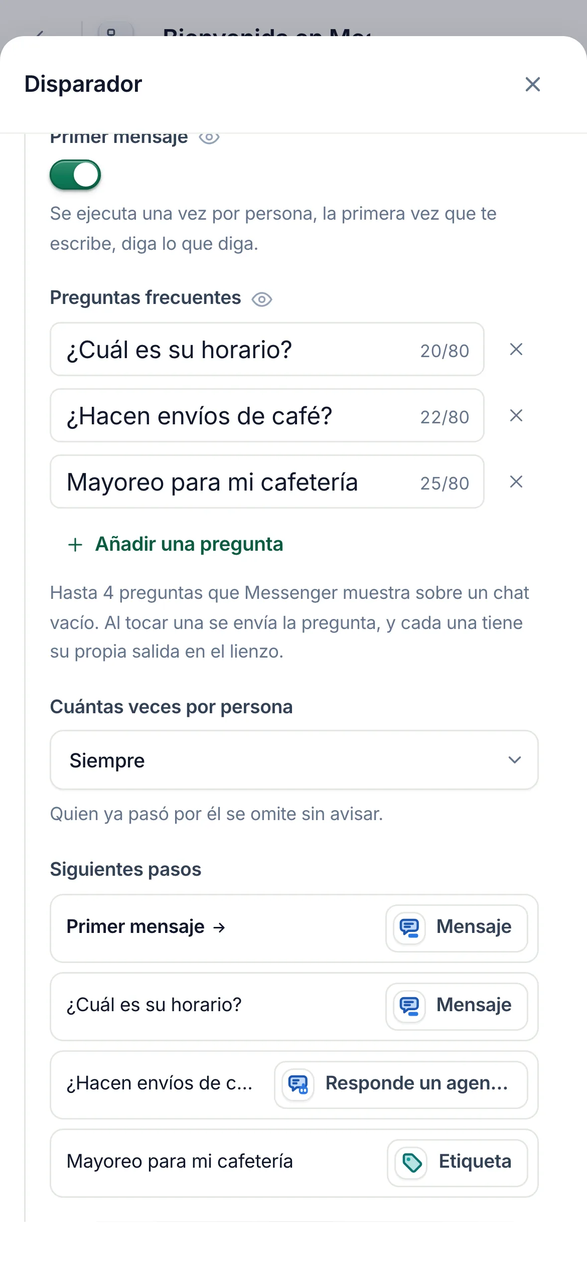 Siguientes pasos en un teléfono: cada salida del inicio y el paso al que lleva.