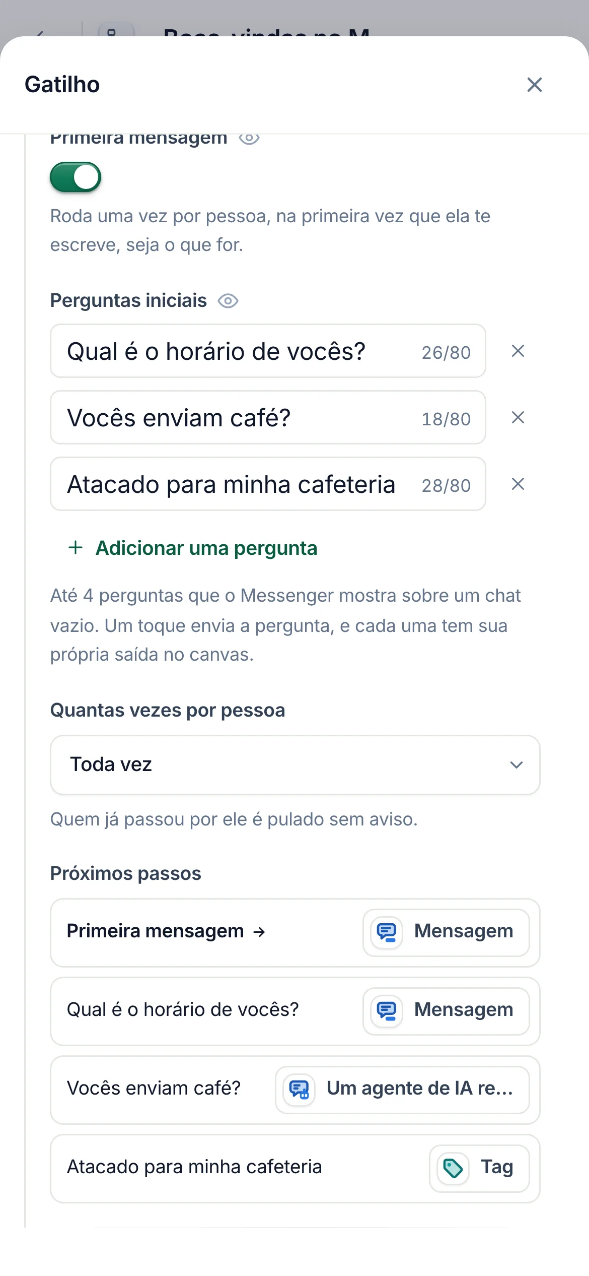 Próximos passos no celular: cada saída do gatilho e a etapa a que ela leva.