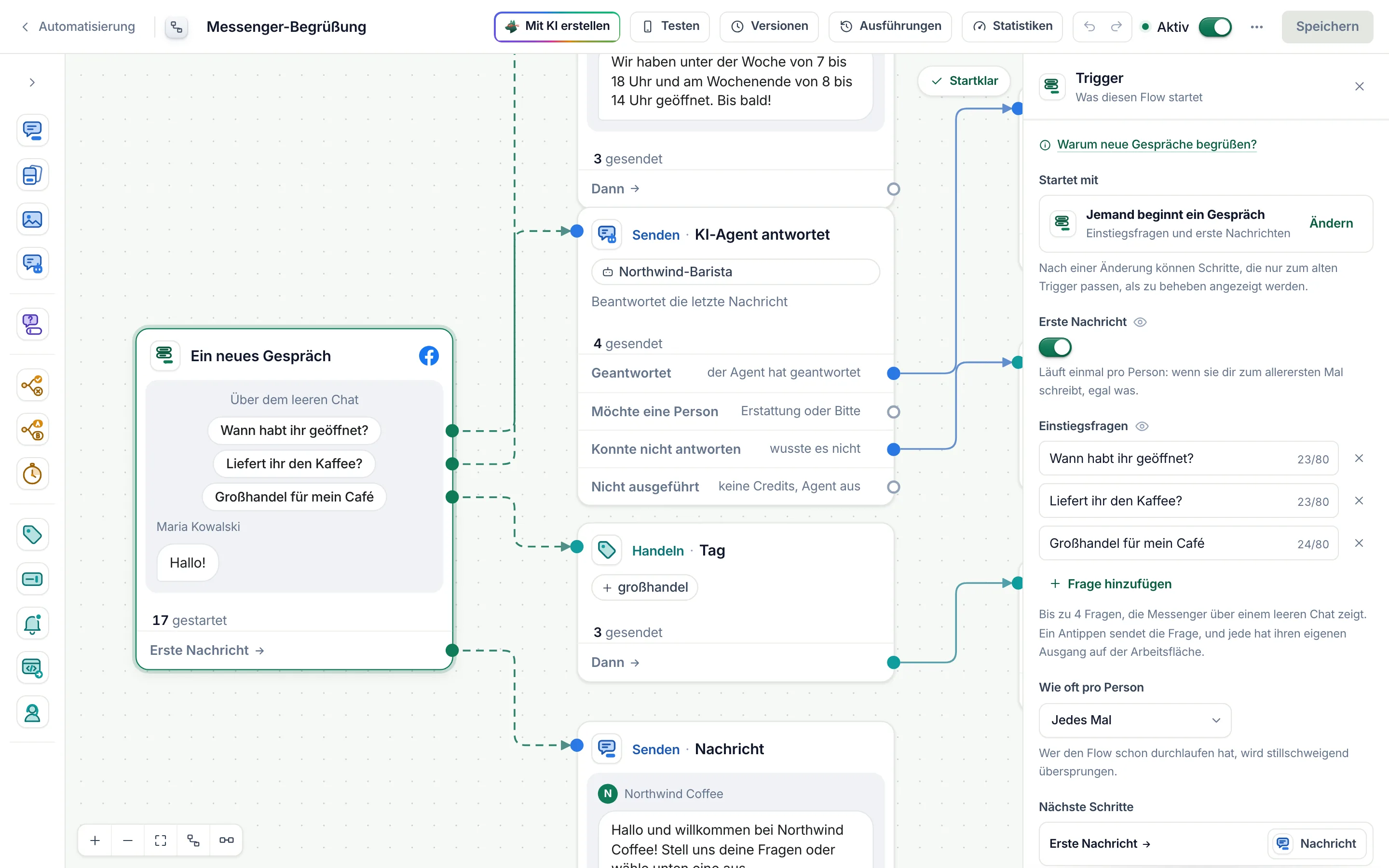Der Flow-Builder mit ausgewähltem Gesprächs-Trigger: drei Einstiegsfragen, jede ein eigener Ausgang auf der Arbeitsfläche.
