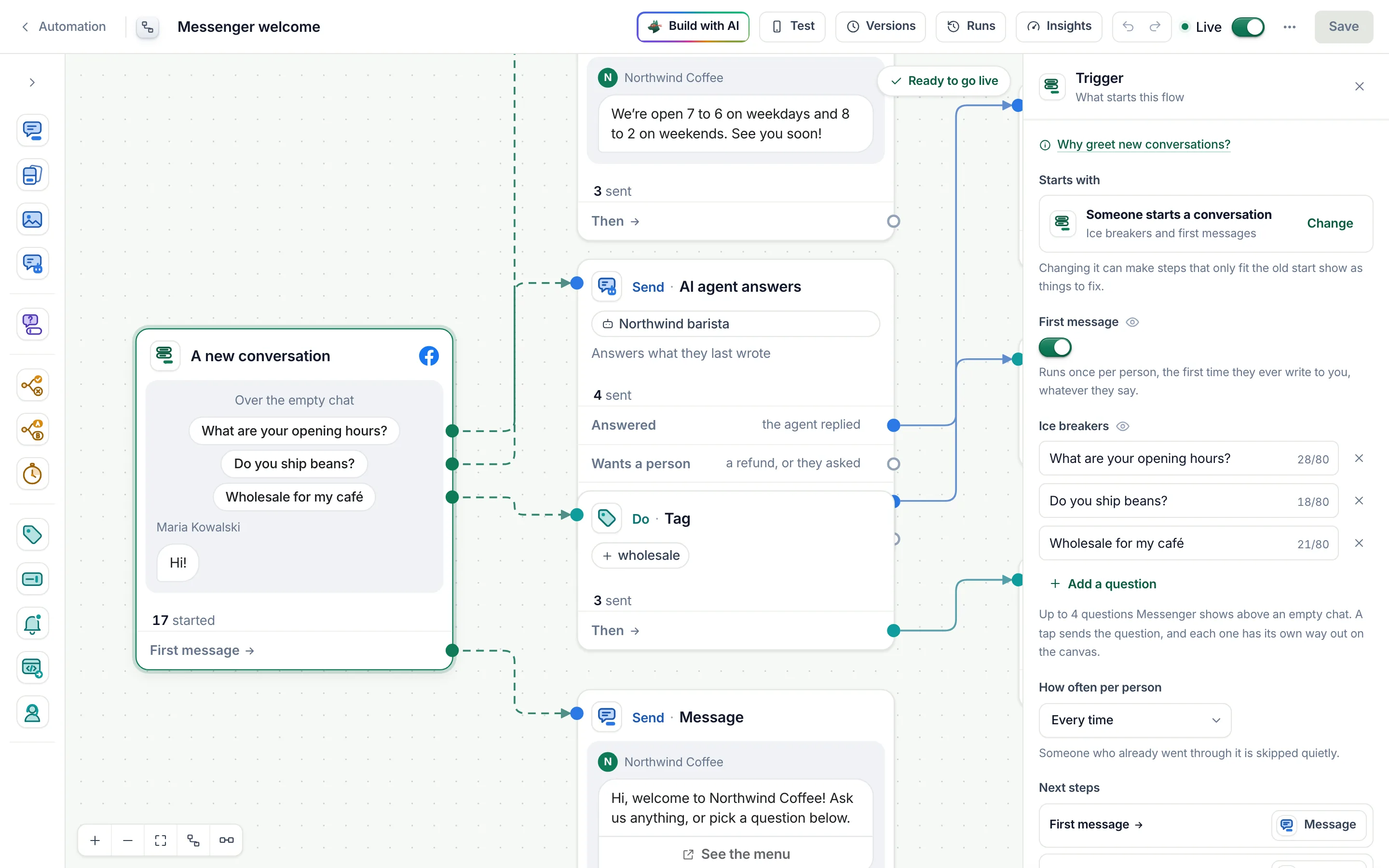 The start of a Messenger welcome flow in the flow builder: the First message switch is on, and there are three ice breakers: What are your opening hours?, Do you ship beans? and Wholesale for my café.