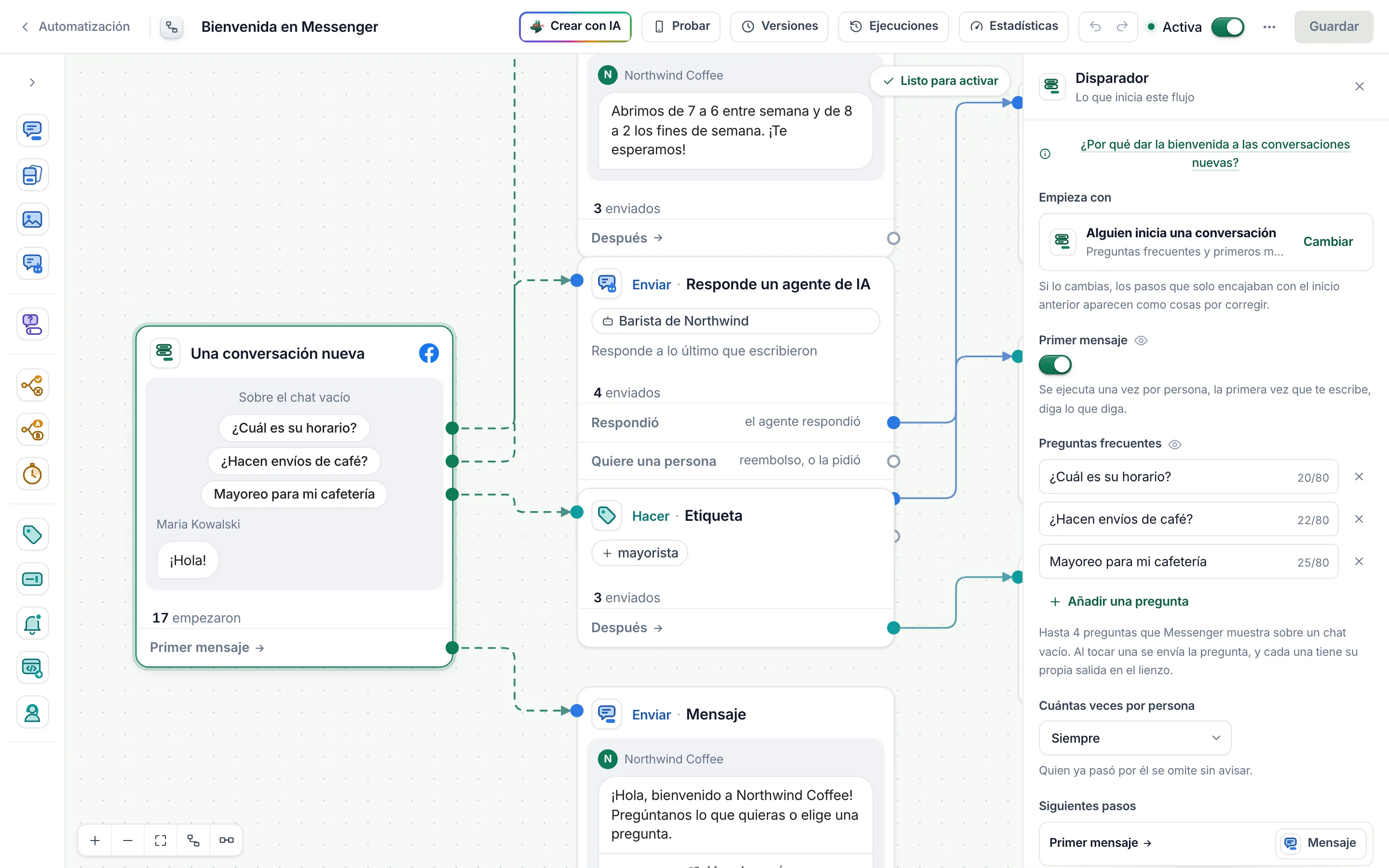 El inicio de un flujo de bienvenida de Messenger en el constructor de flujos: el interruptor Primer mensaje está activado y hay tres preguntas frecuentes: ¿Cuál es su horario?, ¿Envían café en grano? y Mayoreo para mi cafetería.