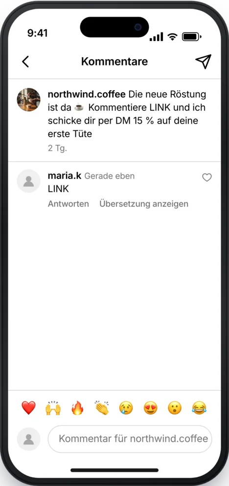 Instagram: Ein Follower kommentiert LINK unter dem Reel eines Cafés.