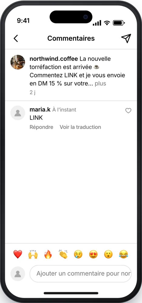 Instagram&nbsp;: un abonné commente LINK sous le reel d’un coffee shop.