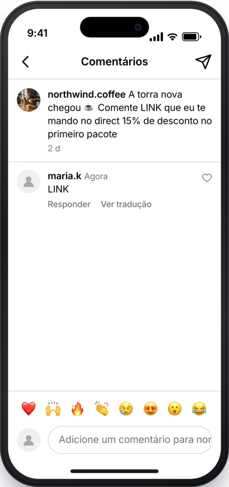 Instagram: um seguidor comenta LINK no reel de uma cafeteria.