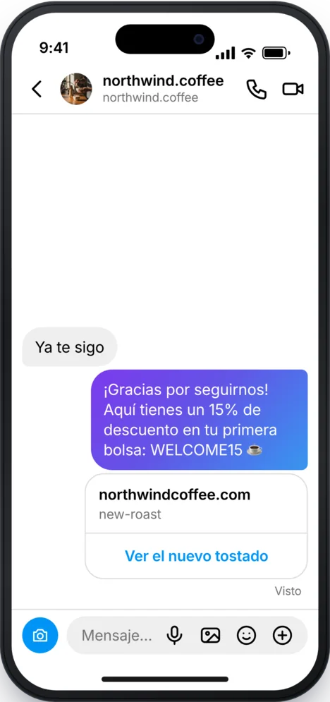 DM de Instagram: el código de descuento y un botón a la tienda llegan después del toque.