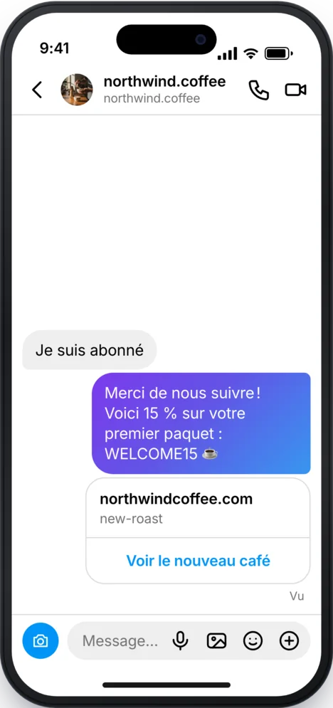 DM Instagram&nbsp;: le code de réduction et un bouton vers la boutique arrivent après l’appui.