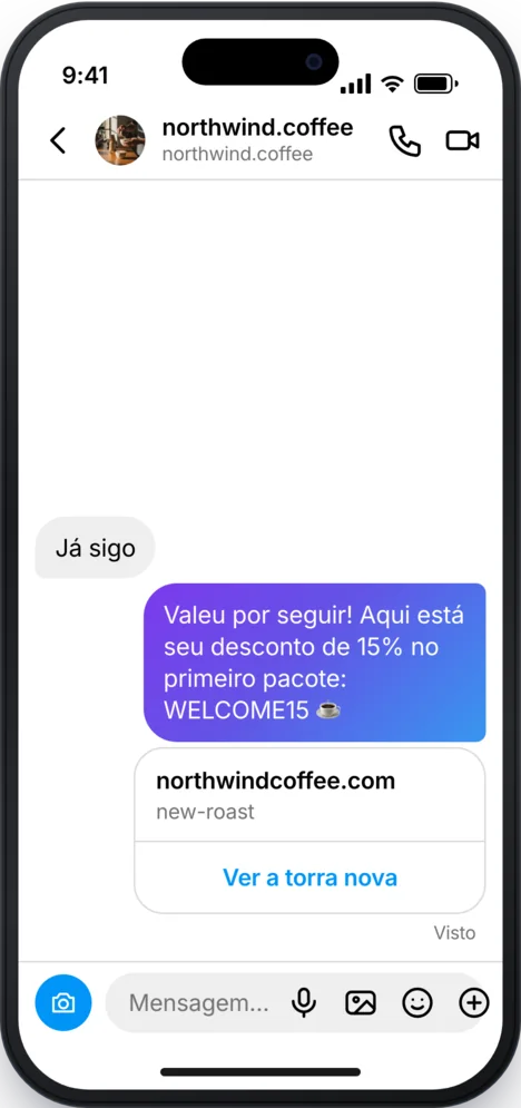 DM do Instagram: o cupom de desconto e um botão para a loja chegam depois do toque.
