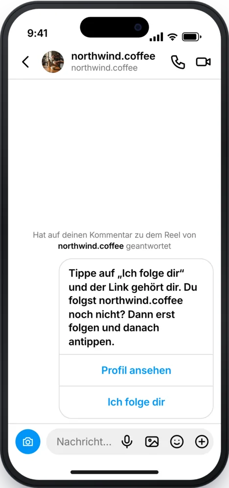 Instagram-DM: Die automatische Antwort bittet ums Folgen, mit den Buttons Profil ansehen und Ich folge dir.