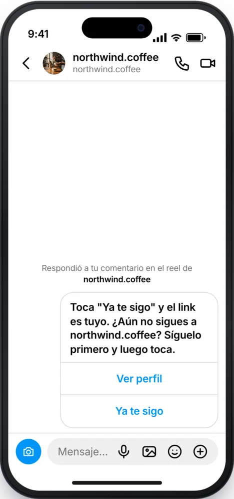 DM de Instagram: la respuesta automática le pide que siga la cuenta, con los botones Ver perfil y Ya te sigo.