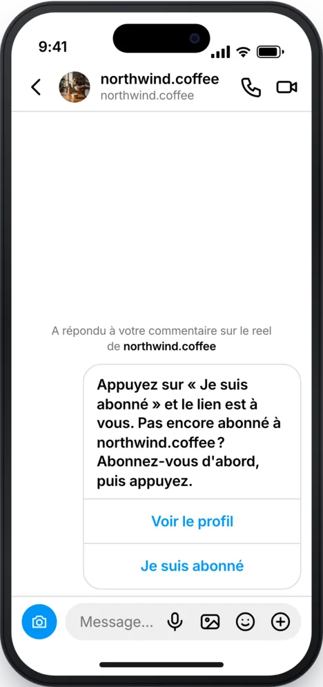 DM Instagram&nbsp;: la réponse automatique lui demande de s’abonner, avec les boutons Voir le profil et Je suis abonné.