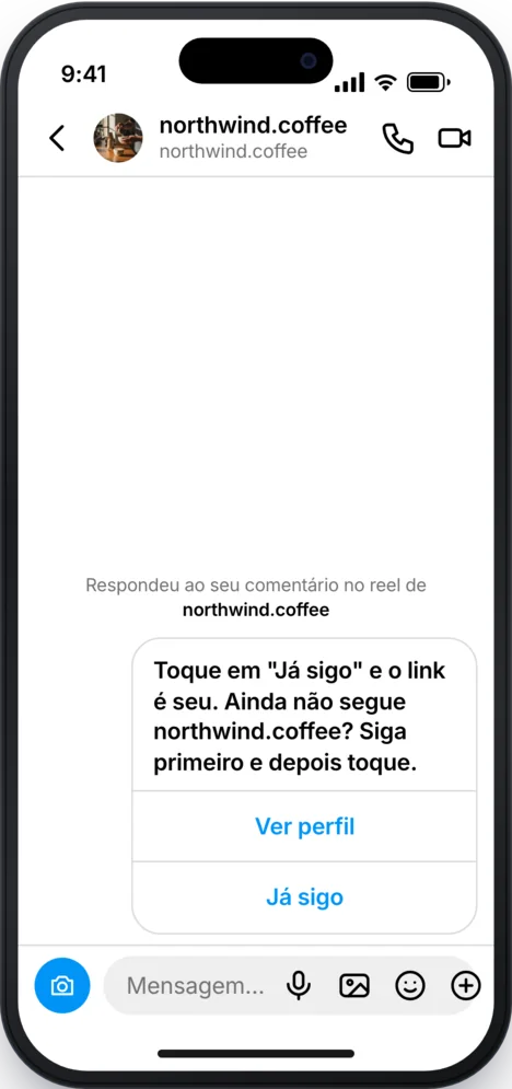 DM do Instagram: a resposta automática pede para a pessoa seguir, com os botões Ver perfil e Já estou seguindo.