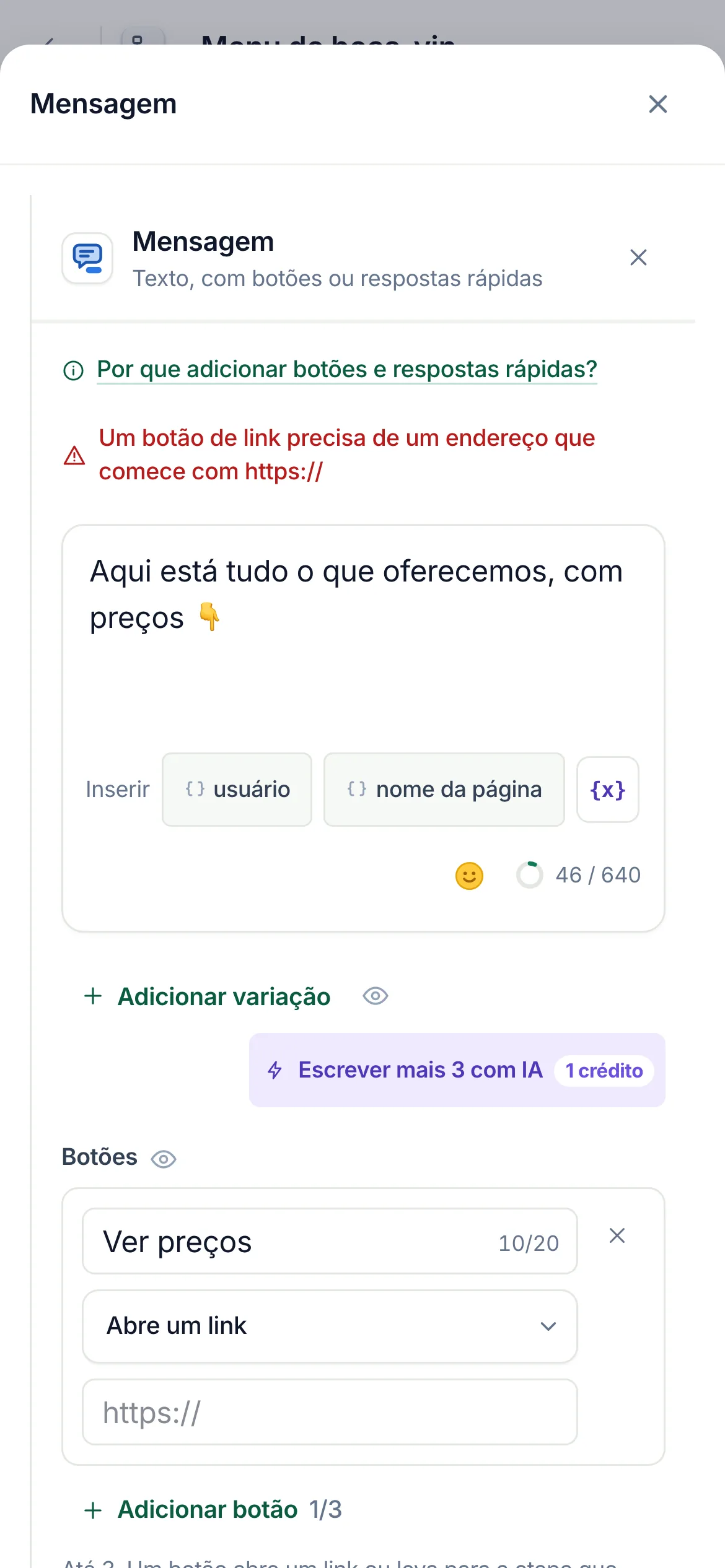 O painel inferior da etapa no celular, aberto no que está faltando.