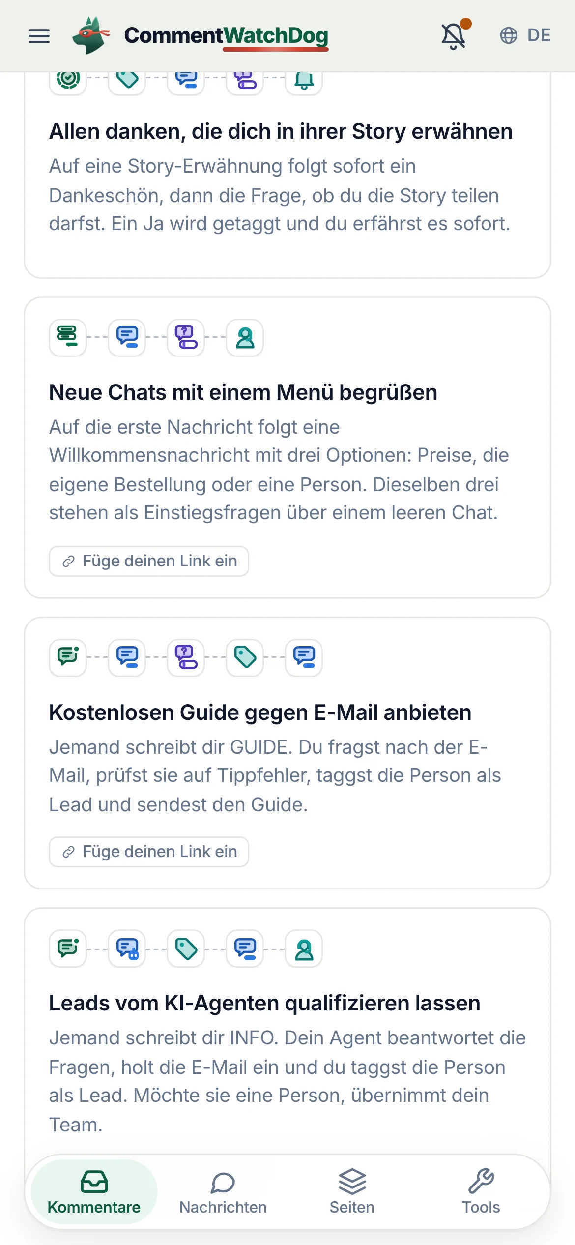 Die Karte „Neue Chats mit einem Menü begrüßen“ auf dem Handy.