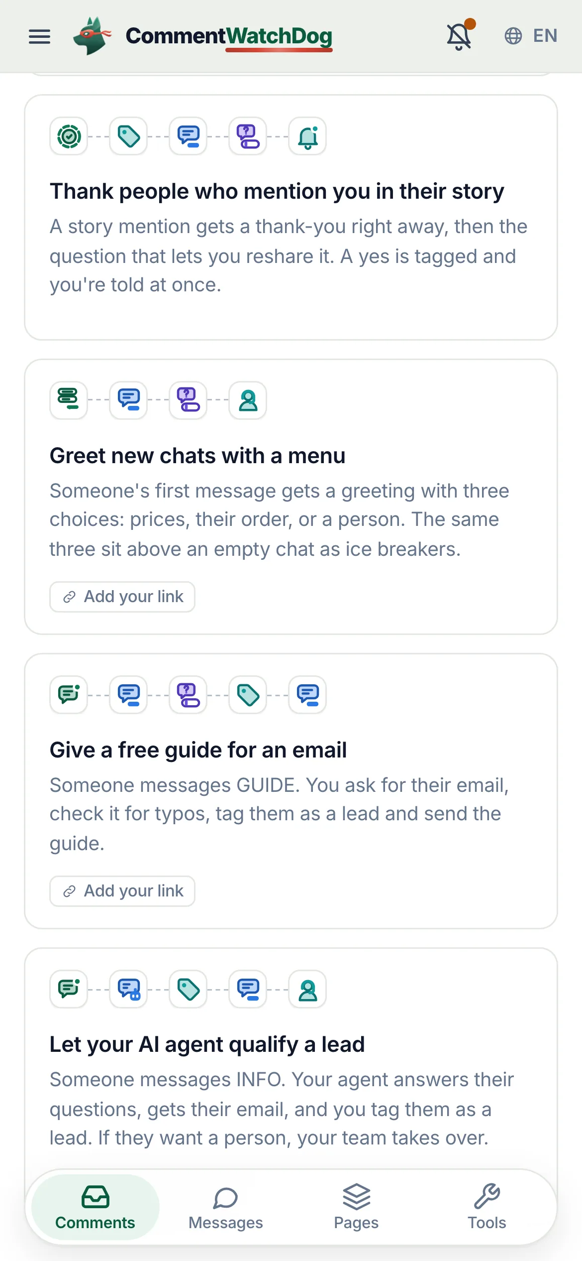 The card Greet new chats with a menu, on a phone.